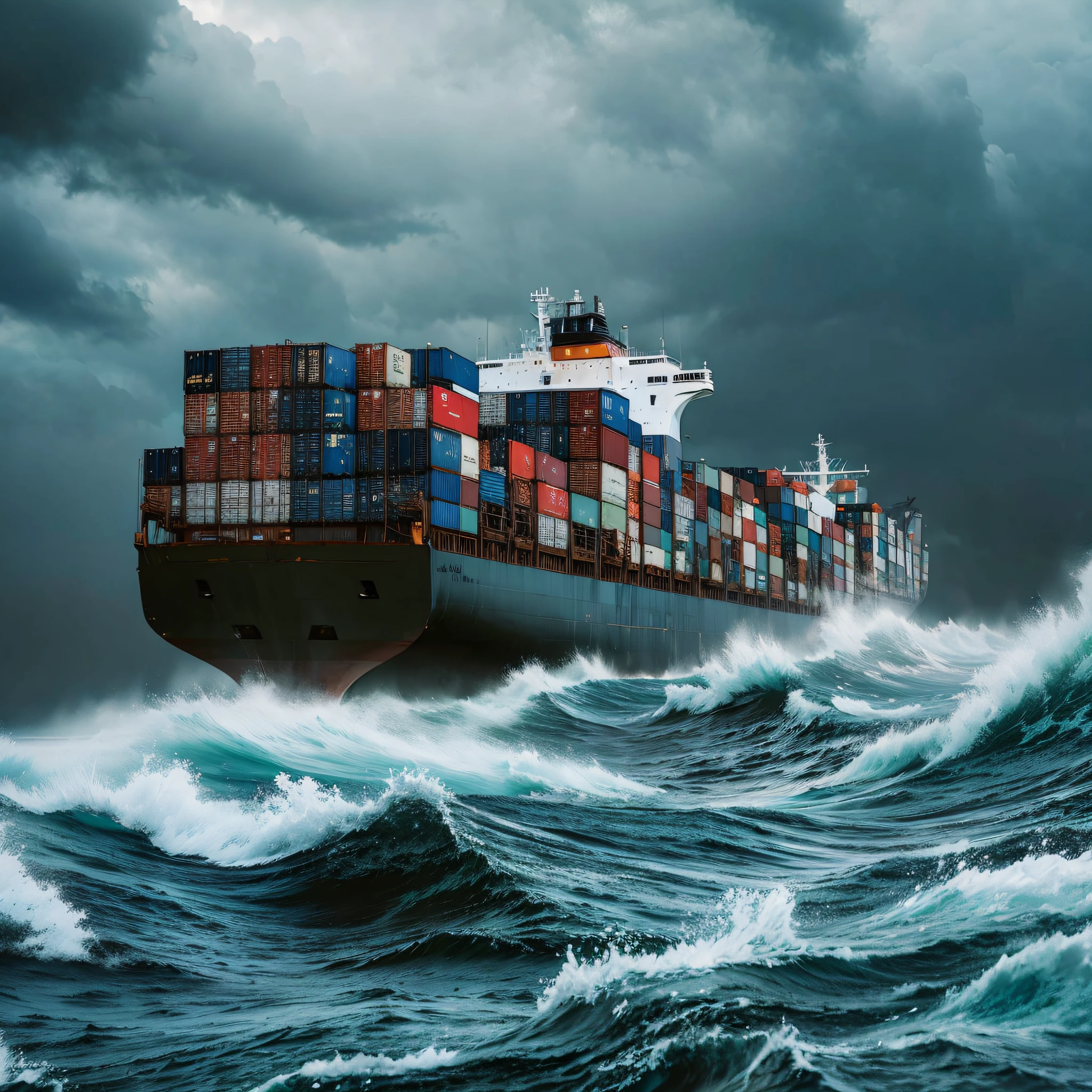 cargo ship loading containers in storm on the high seas