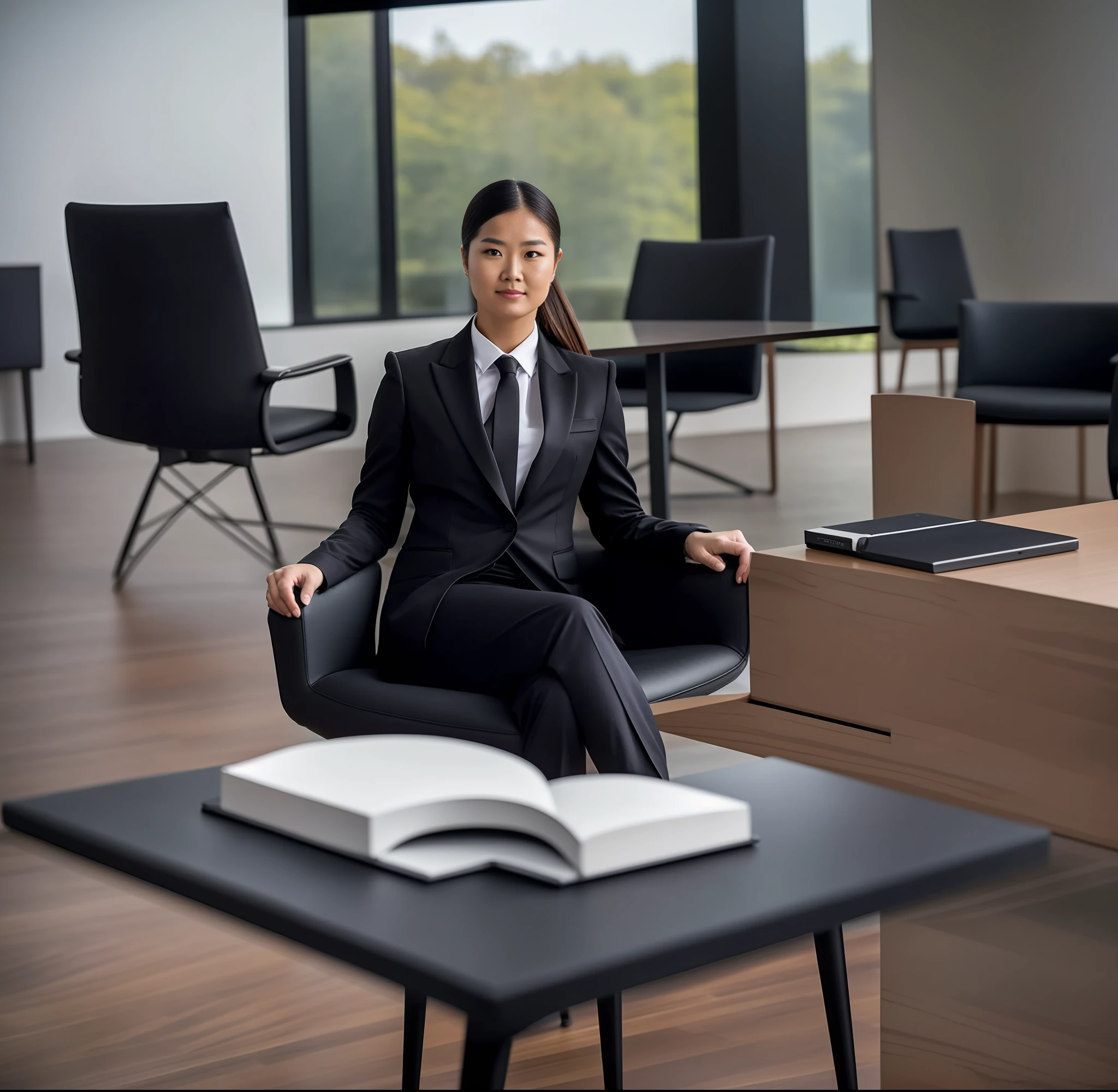 An American woman, seated, ass snubbed from the back, peripheral vision. dress, elite, velvet, dark violet color, small tie. Seria, boss, imposing, Full HD, ISO, The law firm features contemporary design furniture, including armchairs upholstered in black and gray leather, tempered glass coffee tables with chrome bases, a solid wood meeting table with black leather chairs, and a built-in bookcase with brown leather bound legal books. ((panoramic view))?" Its 11-blade circular diaphragm and XA lens elements together provide a nice bokeh. In addition, the lens is equipped with an aperture ring that can be toggled between clicked and clickless operation, a dust and moisture resistant design, and four XD linear autofocus motors that offer fast and accurate autofocus and tracking. This lens offers Sony photographers a brilliant performance tool for portraiture, night scenes, and photography in general." minimum focus distance of 60 cm in the 150 mm position, providing a maximum magnification of 1:3.1 for close-up work. The broadband anti-glare coating eliminates the ghosting effect and reflections, + Gab + ISo, + Side linght lighting practiced.