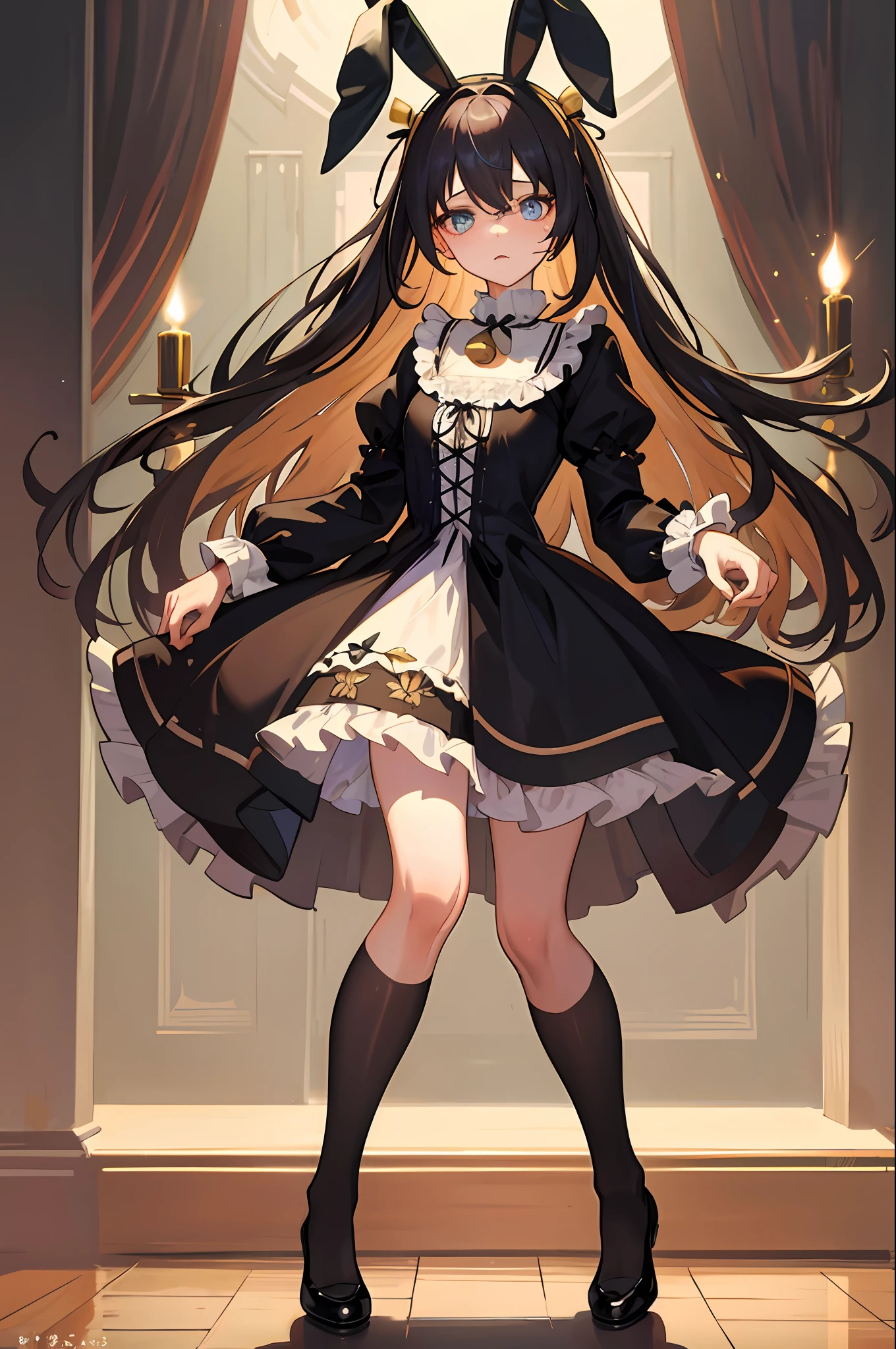 A lovely young girl with Victorian hair, a pair of bunny ears decorated with bells, beautiful innocent eyes, a frightened expression, a slightly trembling body, wearing a rococo dress and black stockings, a full body photo,海洋
