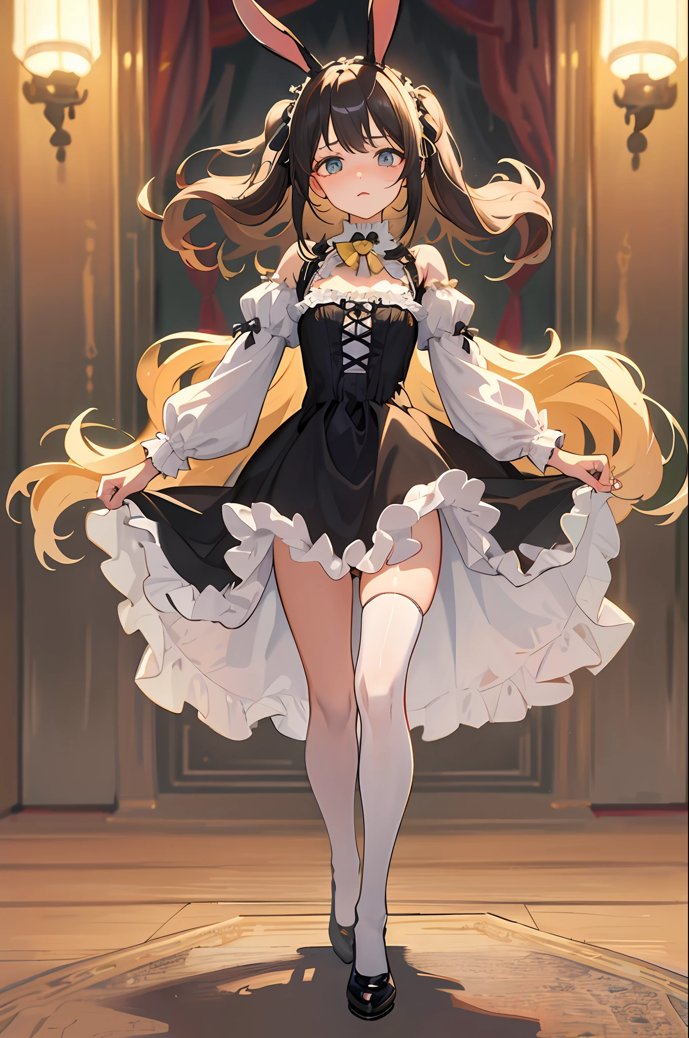 A lovely young girl with Victorian hair, a pair of bunny ears decorated with bells, beautiful innocent eyes, a frightened expression, a slightly trembling body, wearing a rococo dress and black stockings, a full body photo,海洋