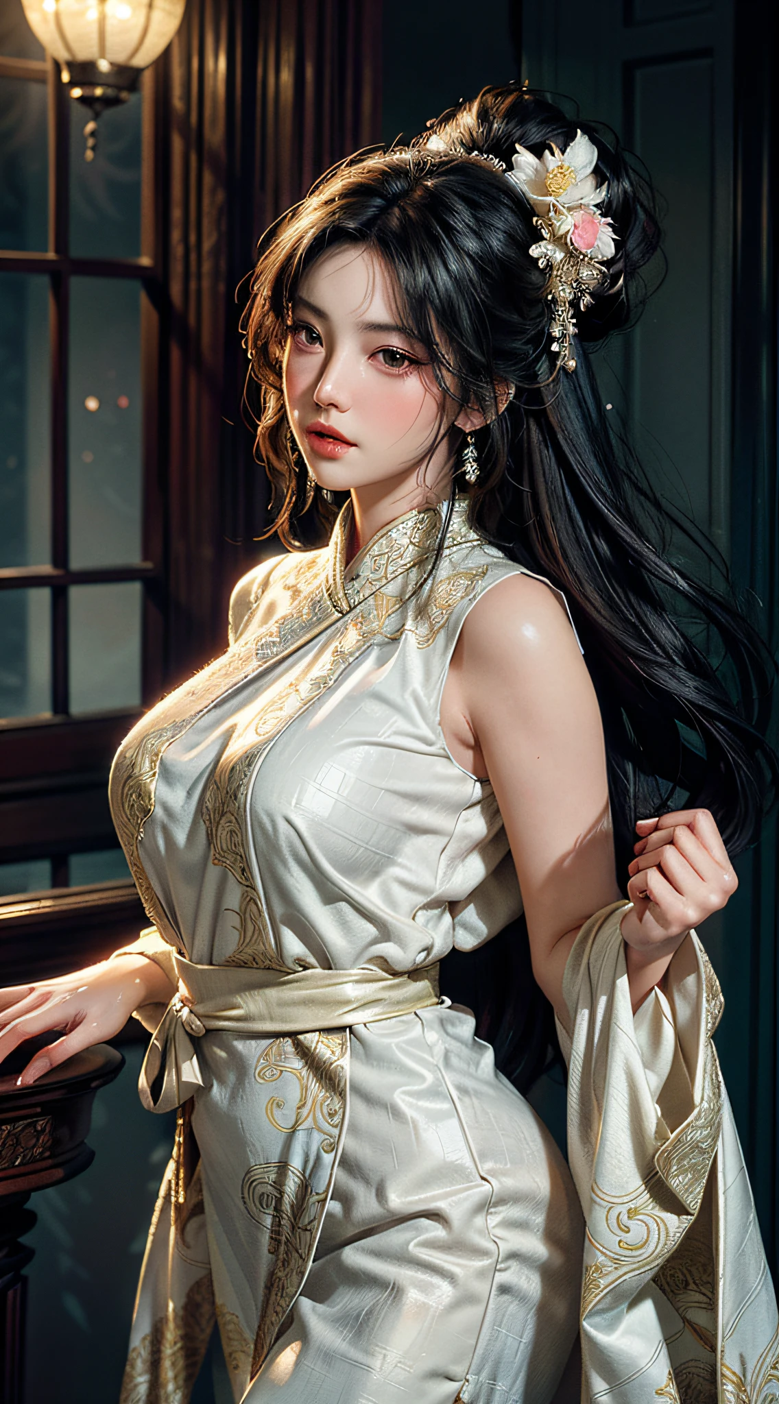 The art depicts a charming woman dressed in a flowing, silky traditional oriental dress, white, decorated with intricate patterns and bright colors. Her dress drapes elegantly over her curvy figure, accentuating her seductive silhouette. She stood gracefully in the quiet moonlit night, bathed in the soft glow of the moonlight. The scene exudes an ethereal and dreamy atmosphere, with a touch of mystery and sexiness. The graphic style blends watercolor and digital illustration techniques to evoke a refined beauty and charm. The lights are filled with soft moonlight, casting soft highlights and shadows on her charming features.