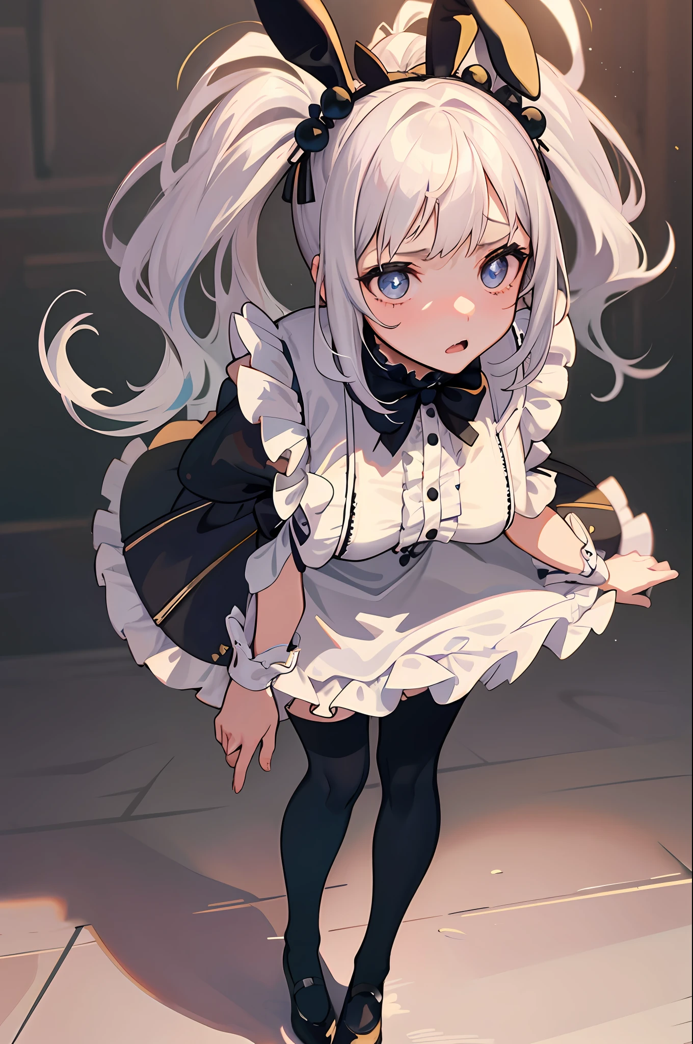 A lovely young girl with Victorian hair, a pair of bunny ears decorated with bells, beautiful innocent eyes, a frightened expression, a slightly trembling body, wearing a rococo dress and black stockings, a full body photo,海洋
