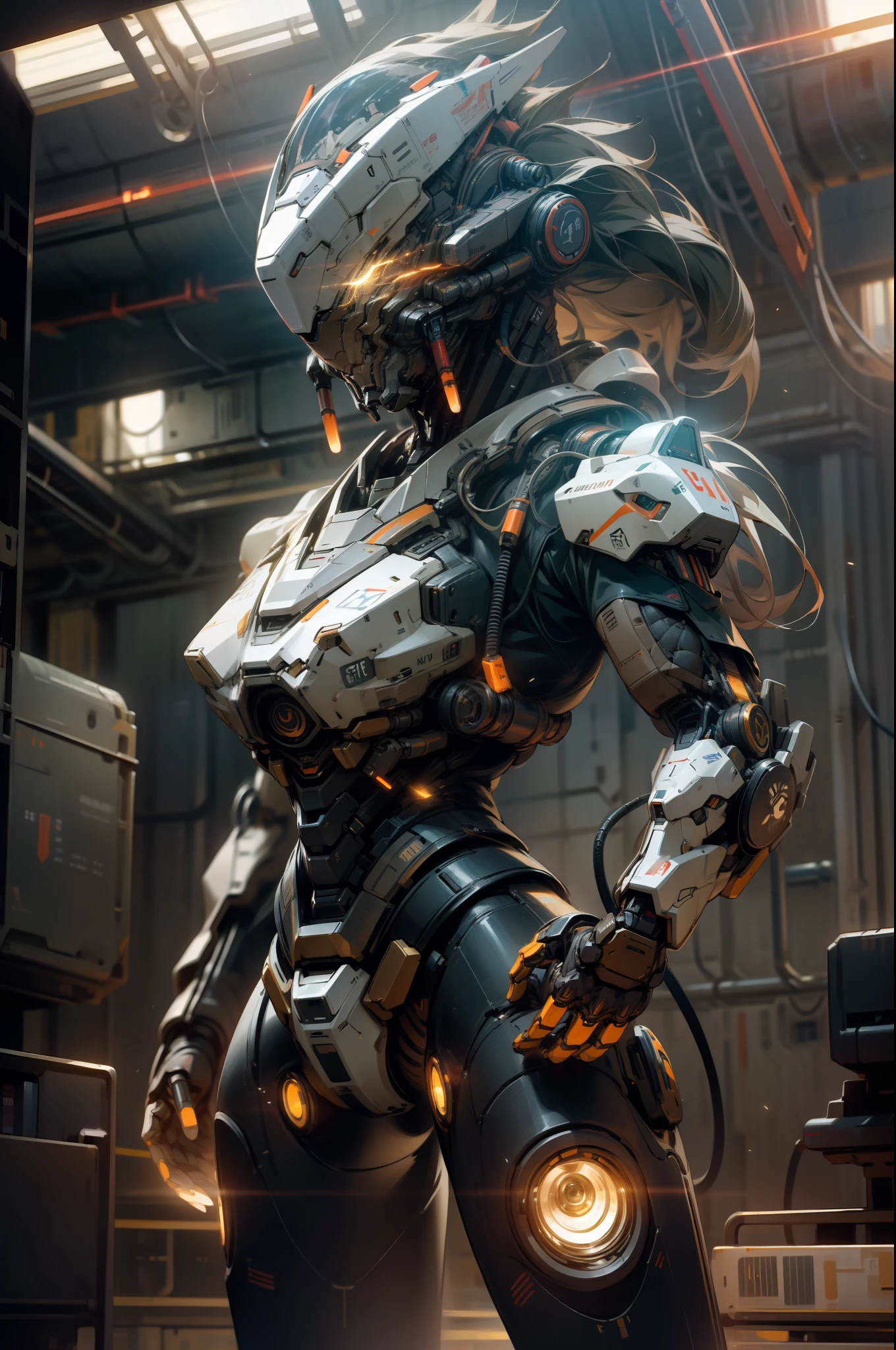A futuristic mech warrior, in outer space, gathering energy, emitting energy shockwaves, 8K resolution, cinematic lighting, best quality, masterpiece, ((high definition))