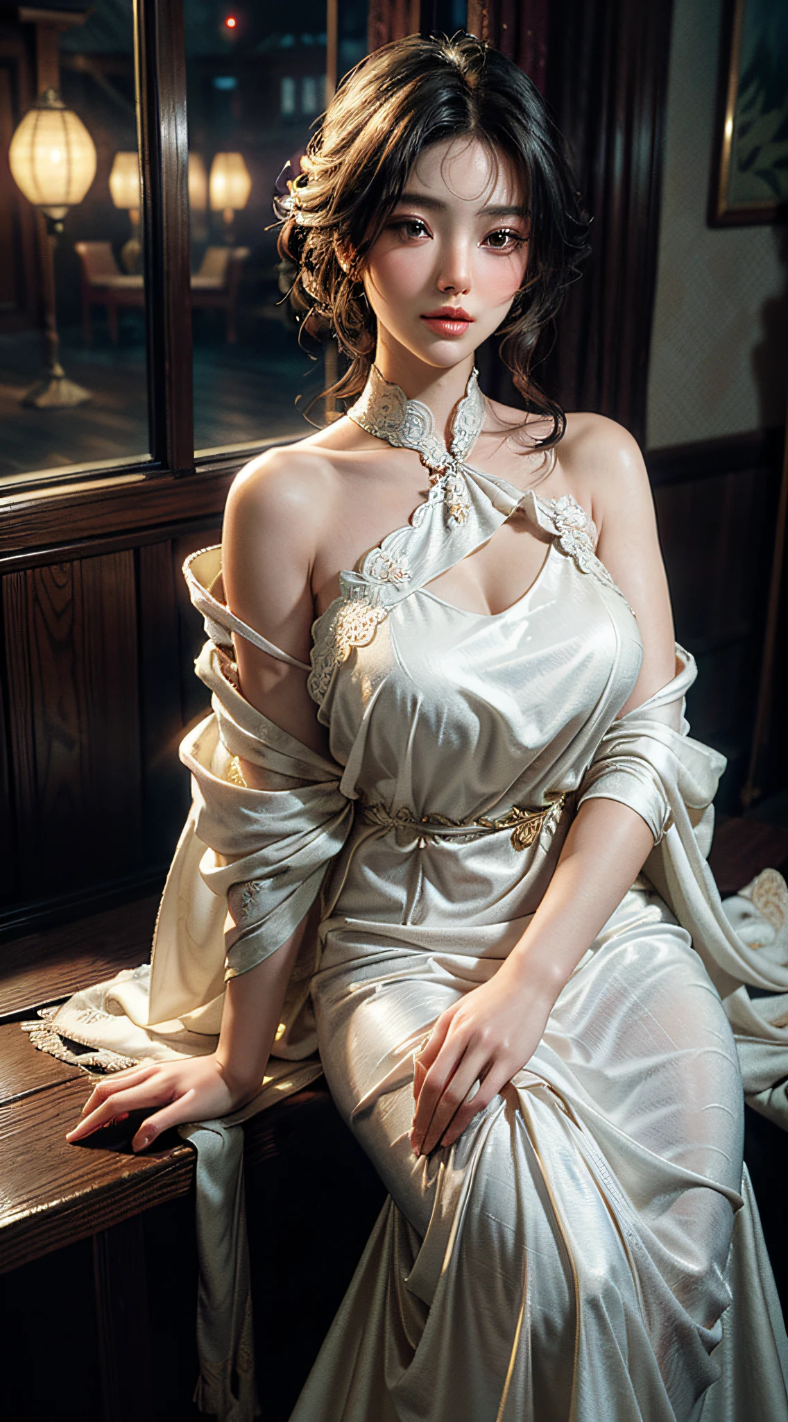 The art depicts a charming woman dressed in a flowing, silky traditional oriental dress, white, decorated with intricate patterns and bright colors. Her dress drapes elegantly over her curvy figure, accentuating her seductive silhouette. She stood gracefully in the quiet moonlit night, bathed in the soft glow of the moonlight. The scene exudes an ethereal and dreamy atmosphere, with a touch of mystery and sexiness. The graphic style blends watercolor and digital illustration techniques to evoke a refined beauty and charm. The lights are filled with soft moonlight, casting soft highlights and shadows on her charming features.