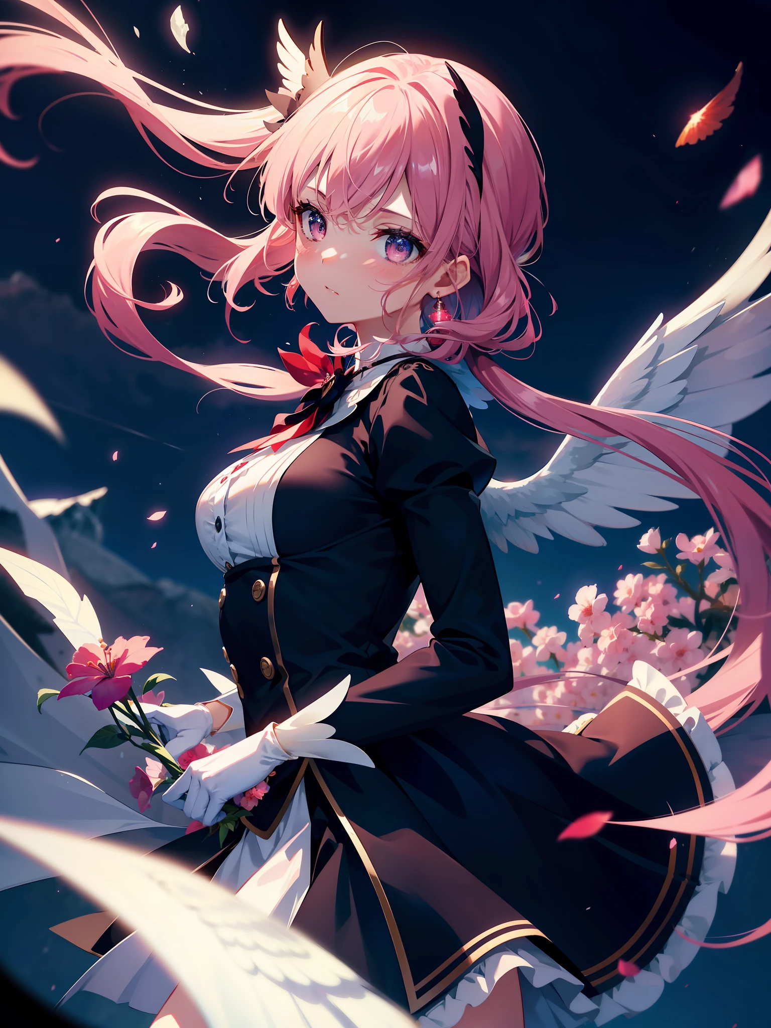 1girl, eternal moon, night sky, wind blowing, half body shot, cinematic, ((blue, pink and red flowers)), detailed face, face focus, shiny skin, game cg, nigh sky, moonlight, moon, (wings 1.5), white gloves, magical girl, flying,great lighting, mountain in the back, swirls, absurdres,intricate detail, sharp focus, blurred foreground, (blush:0.5), (goosebumps:0.5), subsurface scattering, rogue,