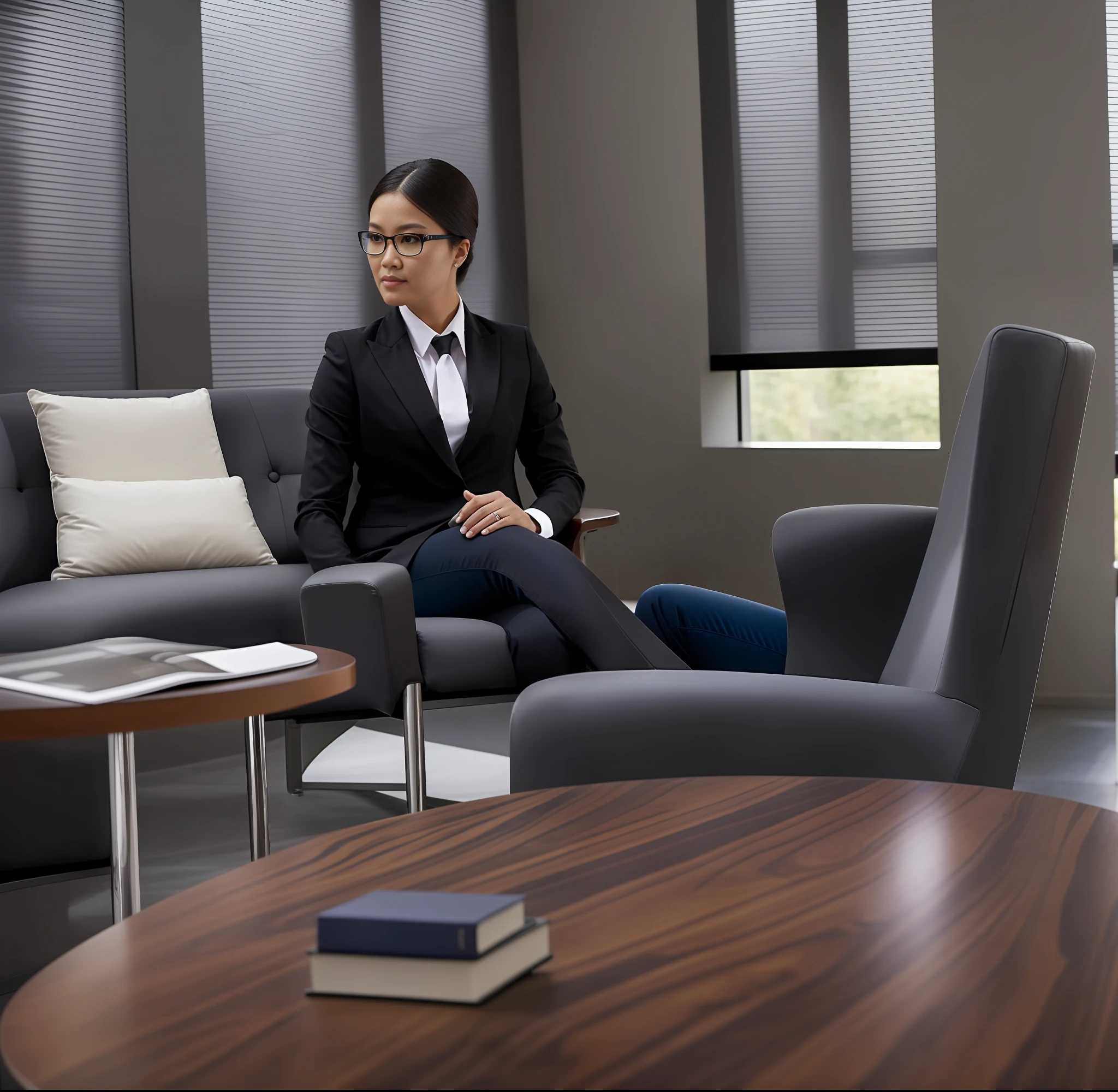An American woman, seated, ass snubbed from the back, peripheral vision. dress, elite, velvet, dark violet color, small tie. Seria, boss, imposing, Full HD, ISO, The law firm features contemporary design furniture, including armchairs upholstered in black and gray leather, tempered glass coffee tables with chrome bases, a solid wood meeting table with black leather chairs, and a built-in bookcase with brown leather bound legal books. ((panoramic view))?" Its 11-blade circular diaphragm and XA lens elements together provide a nice bokeh. In addition, the lens is equipped with an aperture ring that can be toggled between clicked and clickless operation, a dust and moisture resistant design, and four XD linear autofocus motors that offer fast and accurate autofocus and tracking. This lens offers Sony photographers a brilliant performance tool for portraiture, night scenes, and photography in general." minimum focus distance of 60 cm in the 150 mm position, providing a maximum magnification of 1:3.1 for close-up work. The broadband anti-glare coating eliminates the ghosting effect and reflections, + Gab + ISo, + Side linght lighting practiced.