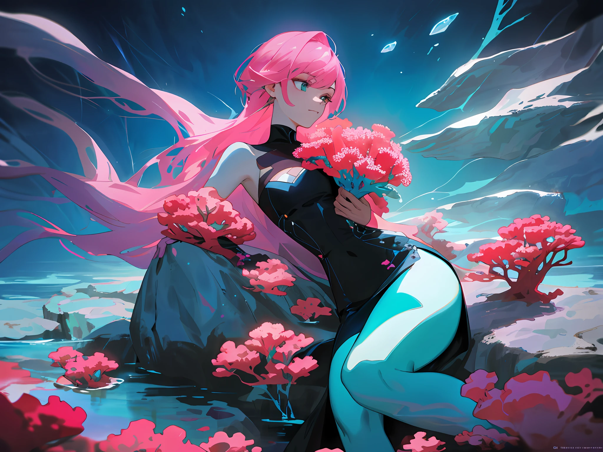 With medium and straight dark pink hair holding a bouquet of aquatic flowers and corals, she is sitting with a graceful feature on a rock above a crystalline lake of dark blue color with corals with submarine and dark tones, her dress with pastel tones and blue and black leather and colorful textures with perfect and prestigious shading, splashart, body lines, vibrant colors, exquisite details, cinematic, artstation, detailed face, by rossdraws, by Kienan Lafferty