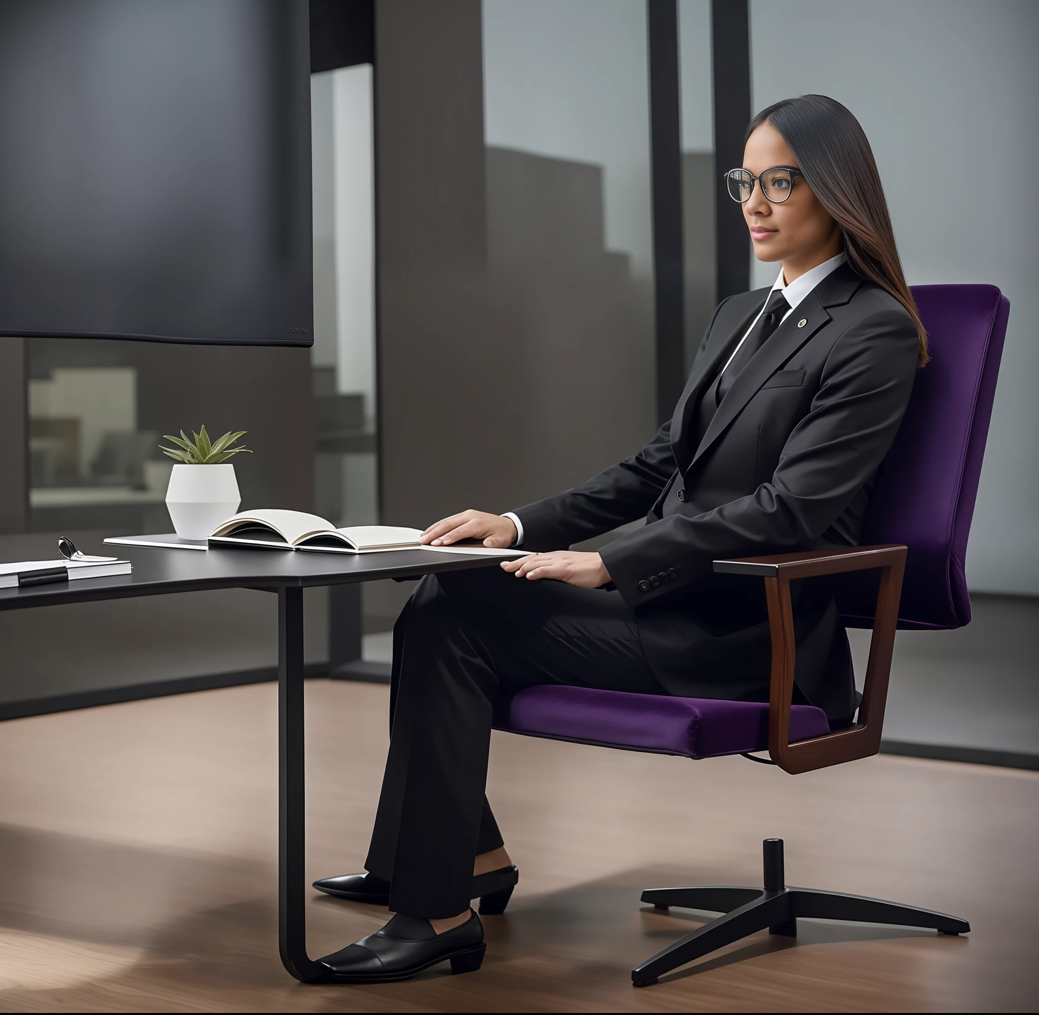An American woman, seated, ass snubbed from the back, peripheral vision. dress, elite, velvet, dark violet color, small tie. Seria, boss, imposing, Full HD, ISO, The law firm features contemporary design furniture, including armchairs upholstered in black and gray leather, tempered glass coffee tables with chrome bases, a solid wood meeting table with black leather chairs, and a built-in bookcase with brown leather bound legal books. ((panoramic view))?" Its 11-blade circular diaphragm and XA lens elements together provide a nice bokeh. In addition, the lens is equipped with an aperture ring that can be toggled between clicked and clickless operation, a dust and moisture resistant design, and four XD linear autofocus motors that offer fast and accurate autofocus and tracking. This lens offers Sony photographers a brilliant performance tool for portraiture, night scenes, and photography in general." minimum focus distance of 60 cm in the 150 mm position, providing a maximum magnification of 1:3.1 for close-up work. The broadband anti-glare coating eliminates the ghosting effect and reflections, + Gab + ISo, + Side linght lighting practiced.