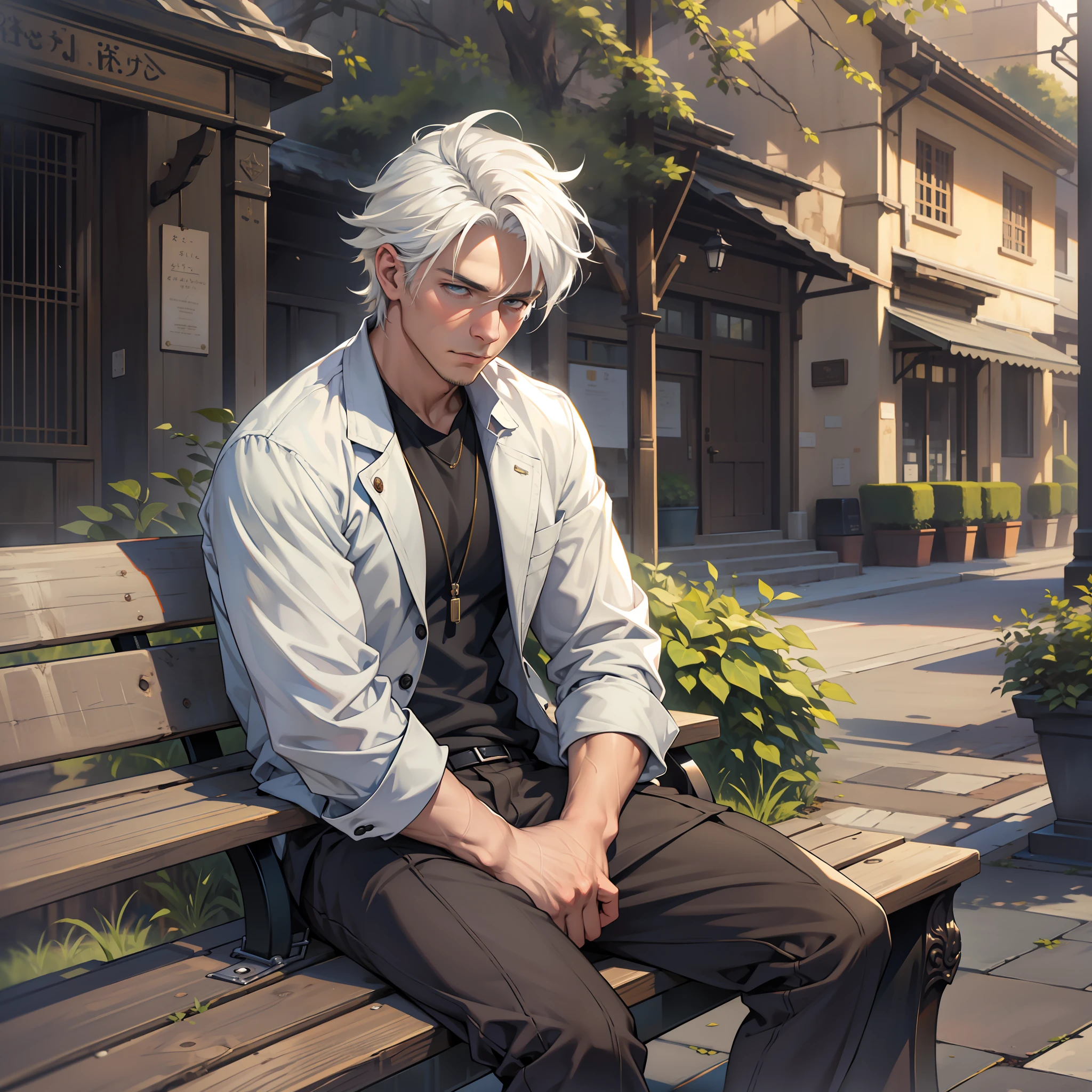 ((realistic: 1.5)),((best quality)), ((masterpiece)),((detailed)), man, young, white haired. sitting on a bench in the square, thoughtful expression