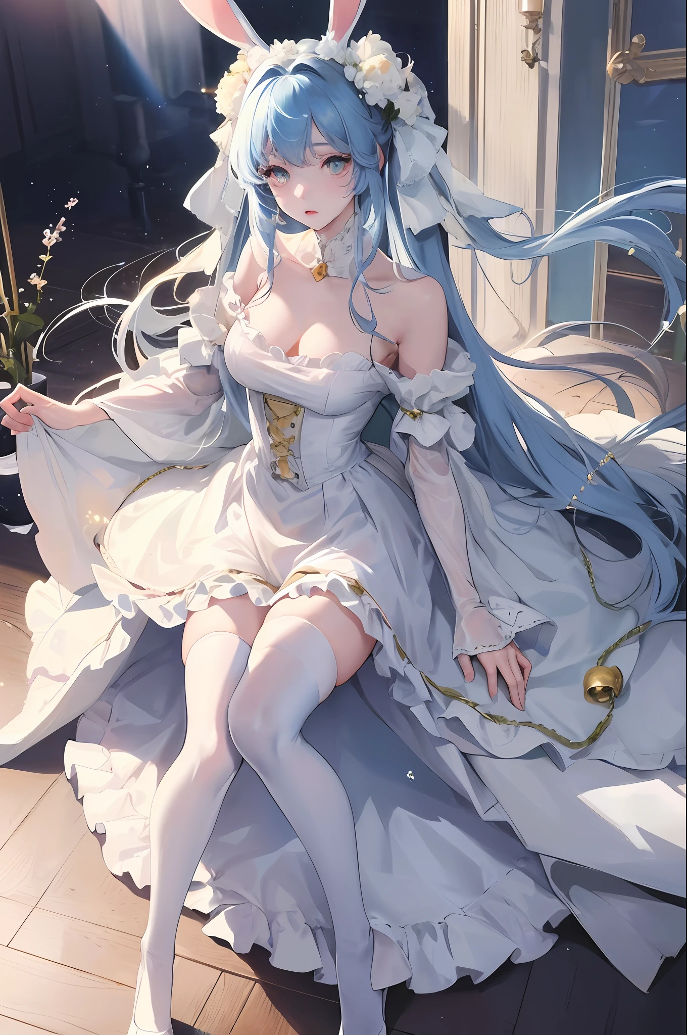 Official Art, Masterpiece, Sharp Focus, (Beautiful Gorgeous Cute Korean Woman: 1.3), (Beautiful Cute Korean: 1.3), Delicate Beautiful Hair and Eyes and Face, Realistic, Ultra Detailed, Beautiful Girl, Blue Sky, Glowing White Particles, (Side Lighting: 1.2), Sunlight, White Clouds, Slender, Landscape, A Lovely Young Girl with Victorian hair, a pair of bunny ears decorated with bells, beautiful innocent eyes, a frightened expression, a slightly trembling body, wearing a rococo dress and black stockings, a full body photo, epic landscape,