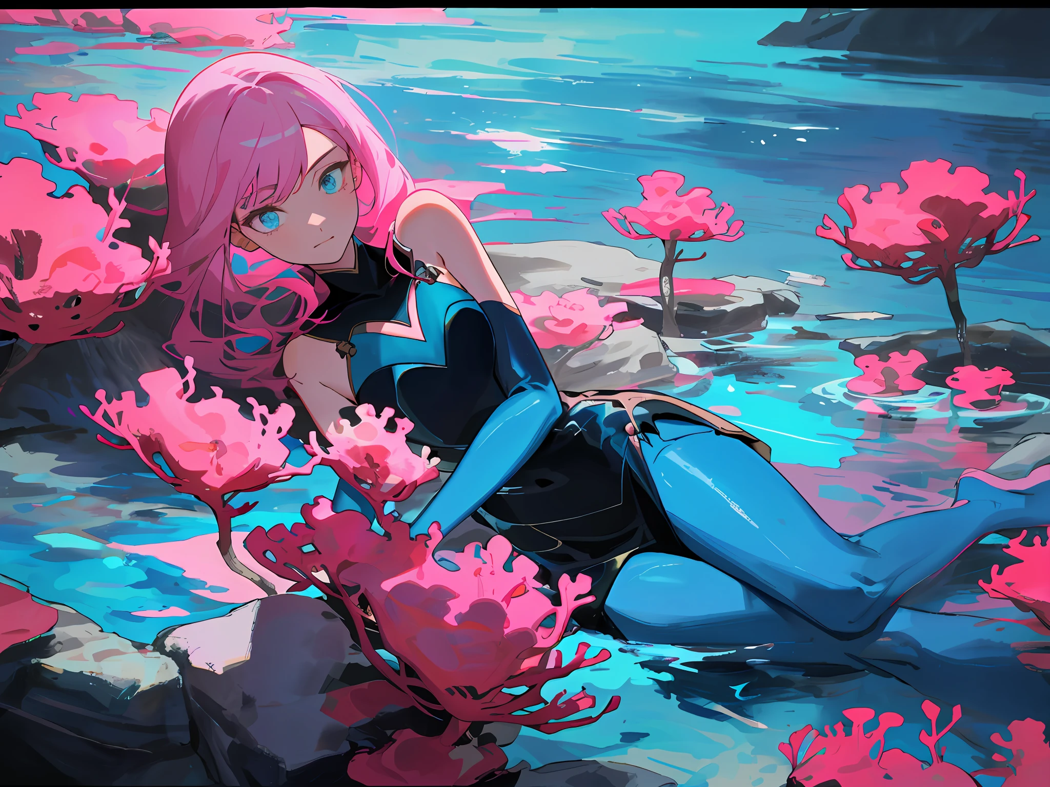 With medium and straight dark pink hair holding a bouquet of aquatic flowers and corals, she is sitting with a graceful feature on a rock above a crystalline lake of dark blue color with corals with submarine and dark tones, her dress with pastel tones and blue and black leather and colorful textures with perfect and prestigious shading,  splashart, body lines, vibrant colors, exquisite details, cinematic, artstation, detailed face, by rossdraws, by Kienan Lafferty