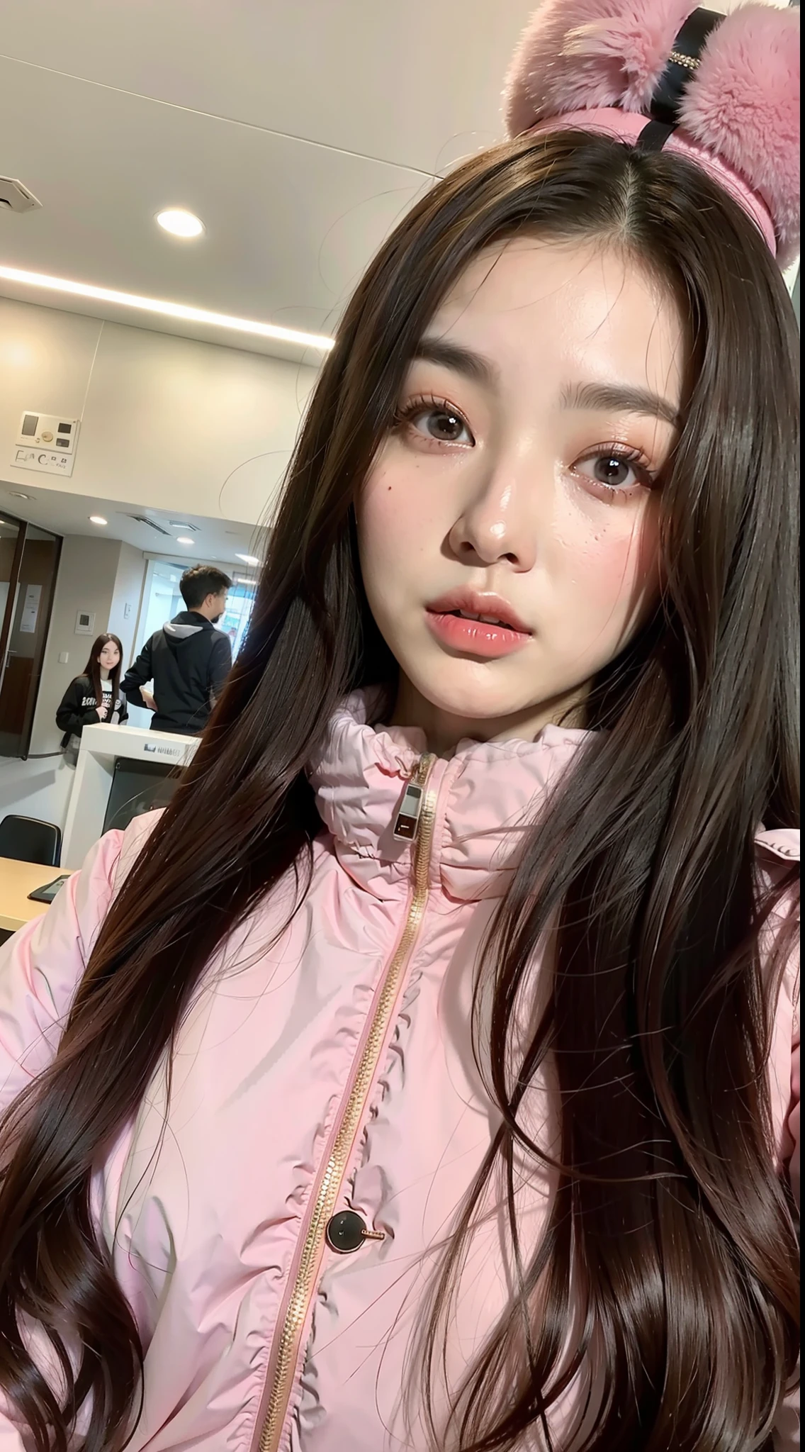 a close up of a woman with long hair wearing a pink jacket, young cute wan asian face, ulzzang, 8k selfie photograph, zmonzheng, xintong chen, chinese girl, 19-year-old girl, sakimichan, dilraba dilmurat, asian girl with long hair, trending at cgstation, gorgeous chinese model