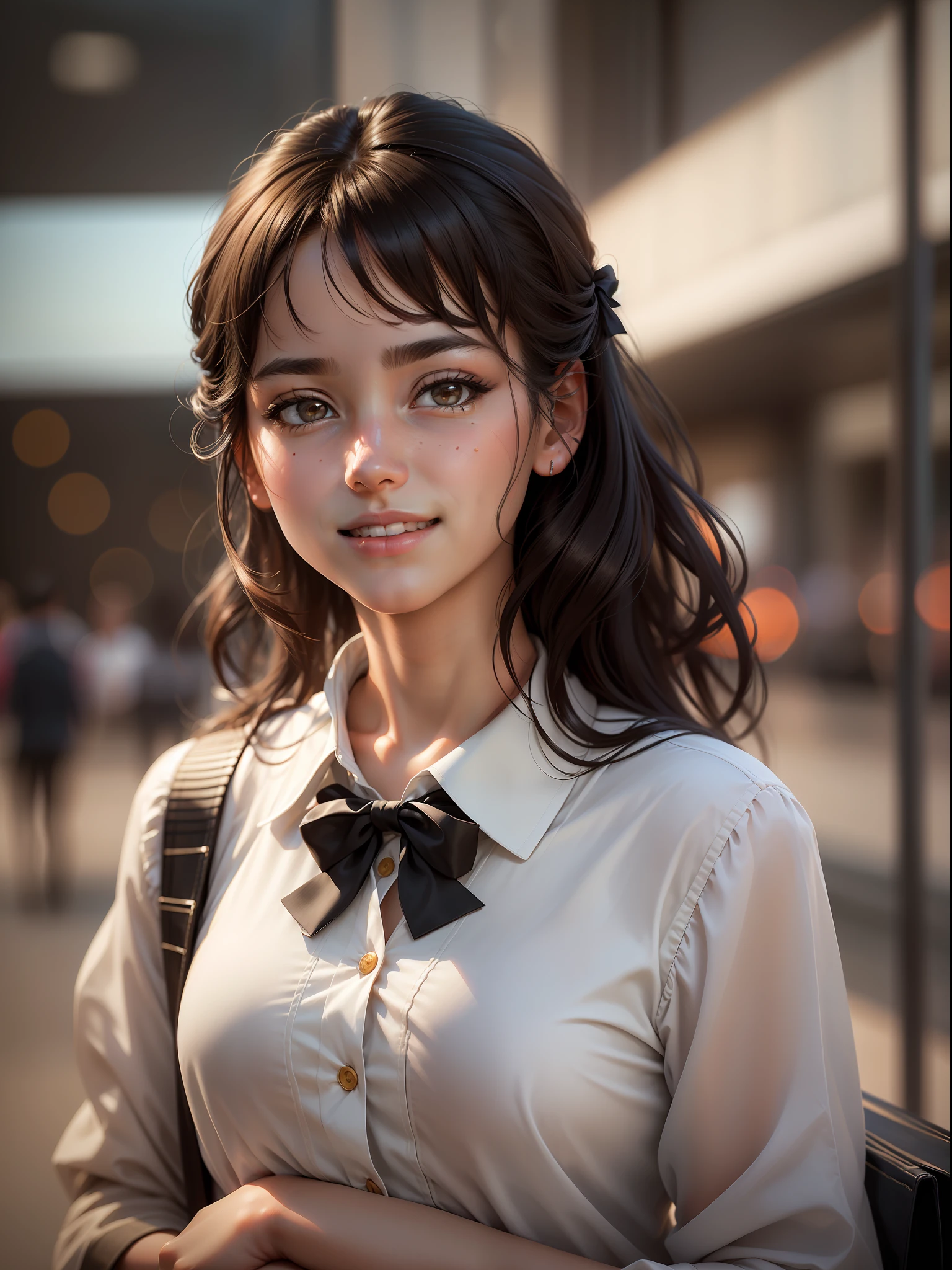 (RAW photo, best quality), (realistic, photo-realistic:1.2), a portrait photo, 1girl, shopping mall rooftop cafe, outdoor, smile, (high detailed skin:1.4), puffy eyes, gorgeous hair, air bangs, brown black hair, white opaque shirt with bow tie, pure color pleated skirt, soft lighting, high quality, skin spots,