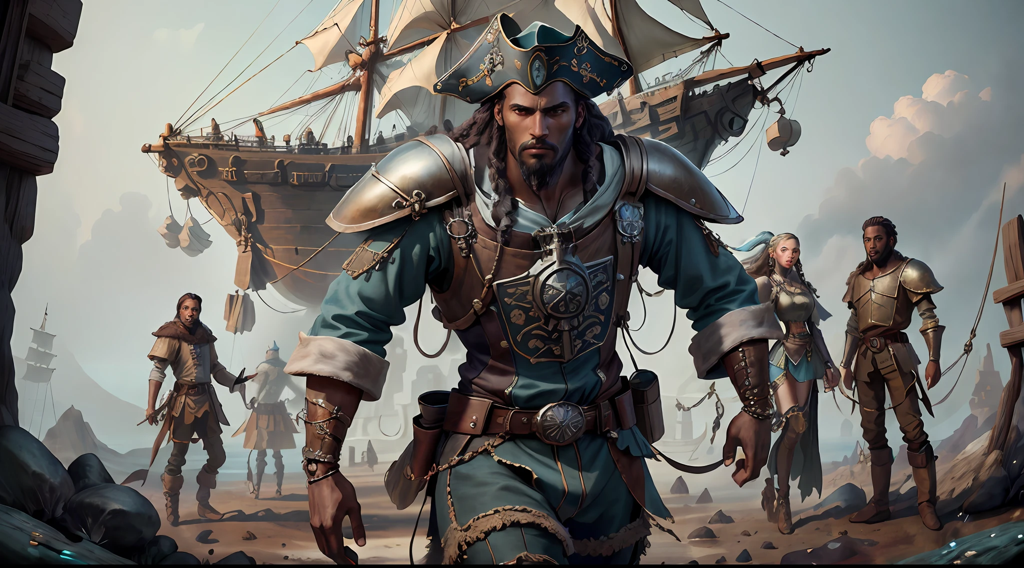 (((multi-person interaction, with men and women))), (highly detailed RAW color photos, ridiculous resolution, high resolution, super detailed), ((r 9 6 angles)), dark skin, handsome, fearless and brave expression, mature, thin shoulders, very thin body, black captive dark pirate hat, white dirty braids, vibrant green eyes, (detailed eyes and detailed face), extremely detailed 8k photo, (full body: 0.9), beautiful woman, outboard, offboard background, detailed face, (Medieval Fantasy Theme: 1.3), Light Blue Pirate Theme Armor with Highly Intricate Details, Blue Pants, Ship in the Background, Inside the Ship, Deck of the Ship, Inspired by Dungeons & Dragons, Digital Artwork, Surreal, Photography, Soft Lighting, Soft Detail, Octane, ArtStation Trend, Ultra High Detail, Surreal, Movie, 16k,