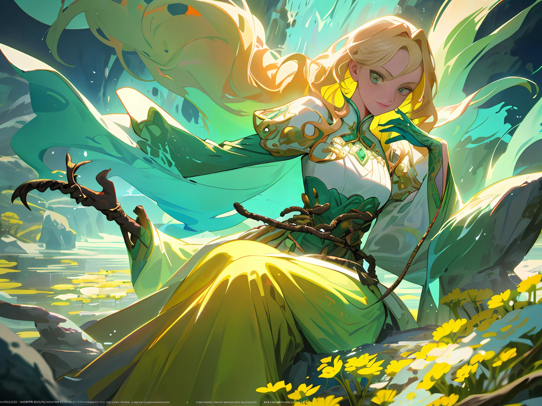 with long, curly blonde hair holding her whip with flowers encrusted so that they look like they are shoots, she is sitting with a graceful feature on a rock above a crystalline lake of water-green color with pale yellow flowers, her dress with yellow pastel shades and colorful textures with perfect and prestigious shading,  splashart, body lines, vibrant colors, exquisite details, cinematic, artstation, detailed face, by rossdraws, by Kienan Lafferty