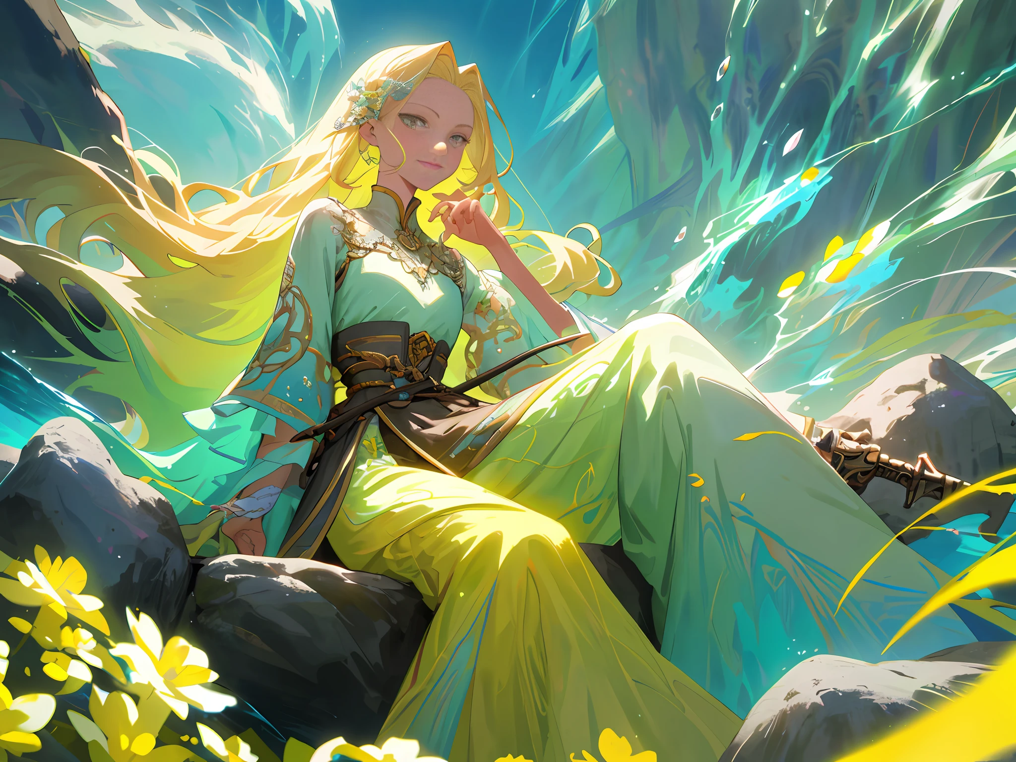 with long, curly blonde hair holding her whip with flowers encrusted so that they look like they are shoots, she is sitting with a graceful feature on a rock above a crystalline lake of water-green color with pale yellow flowers, her dress with yellow pastel shades and colorful textures with perfect and prestigious shading,  splashart, body lines, vibrant colors, exquisite details, cinematic, artstation, detailed face, by rossdraws, by Kienan Lafferty