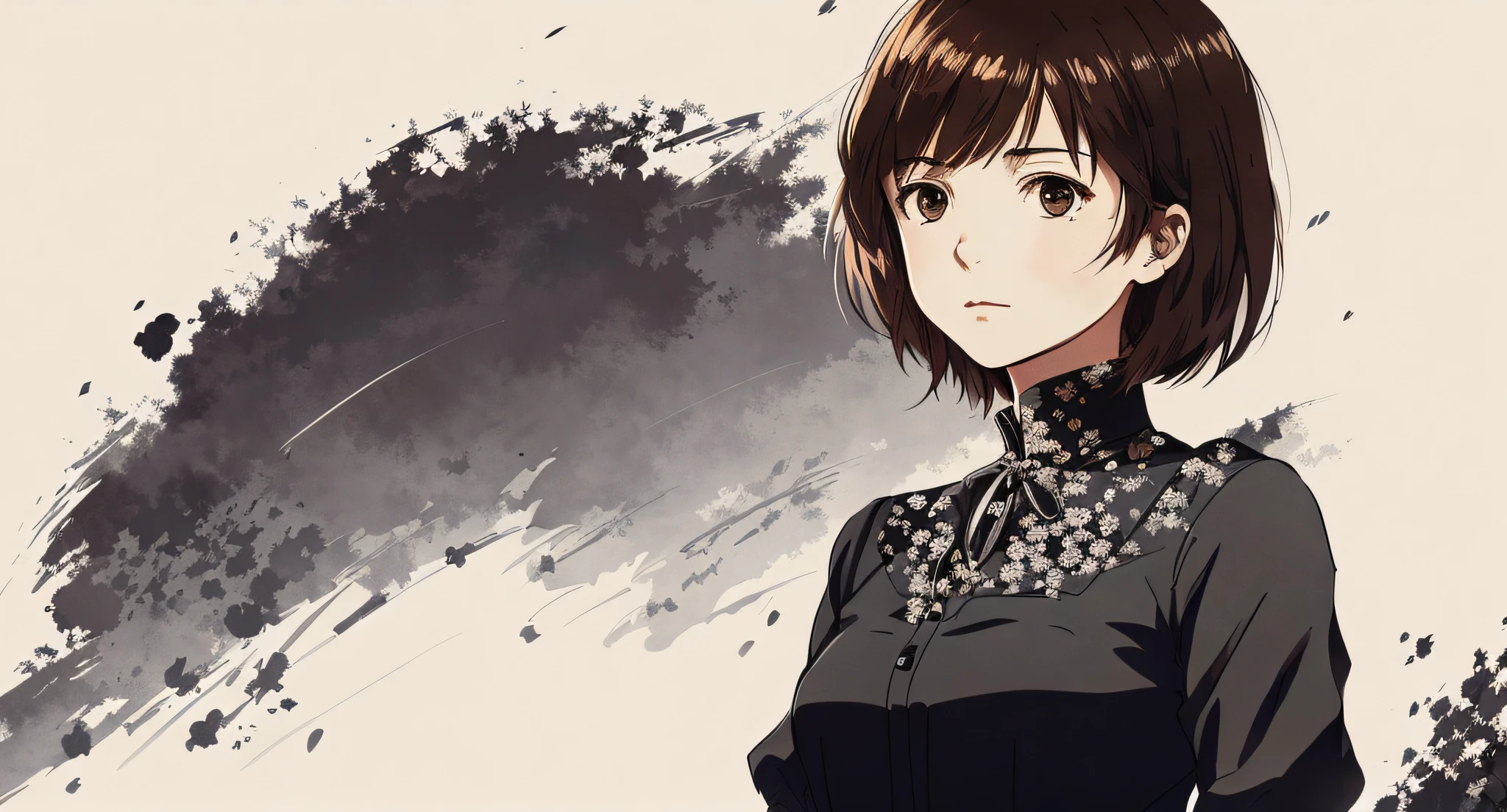 Detailed and perfect anime style illustration, brown short hair, very cute young woman, wearing a black blouse. White background, dramatic lighting Makoto Shinkai