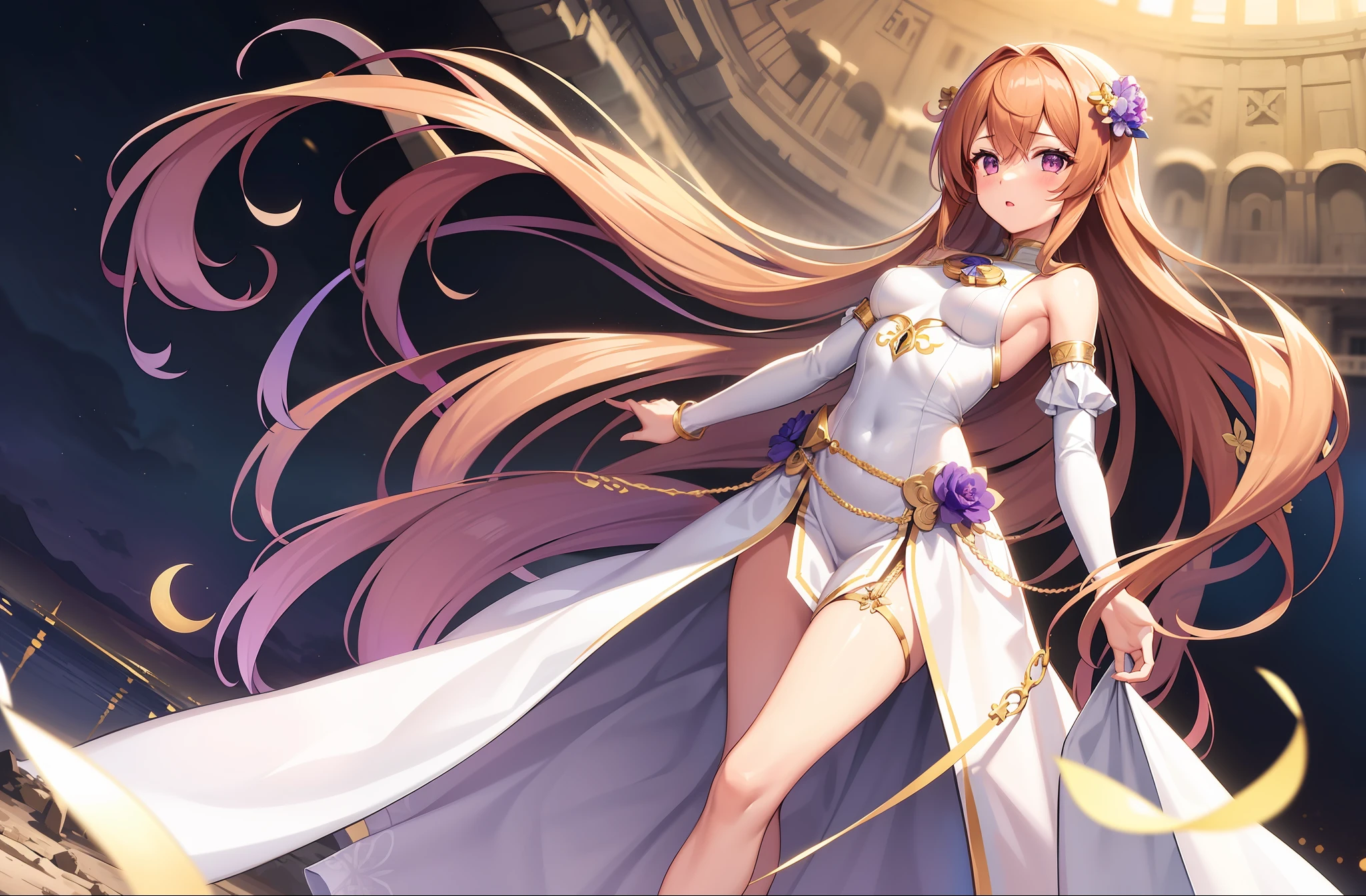 1 girl, solo, Kisaragi from Kancolle, nsfw, masterpiece, best quality, goddess, transparent flowing white and gold classical Greek dress, cleevage, detached sleeves, gold thighlet, circlet, pelvic curtain, full body, shiny hair, perky tits, small breasts, purple eyes, shiny brown hair, purple flower in hair, tall, long hair, straight hair, hair between eyes, standing, Parthenon in Greece