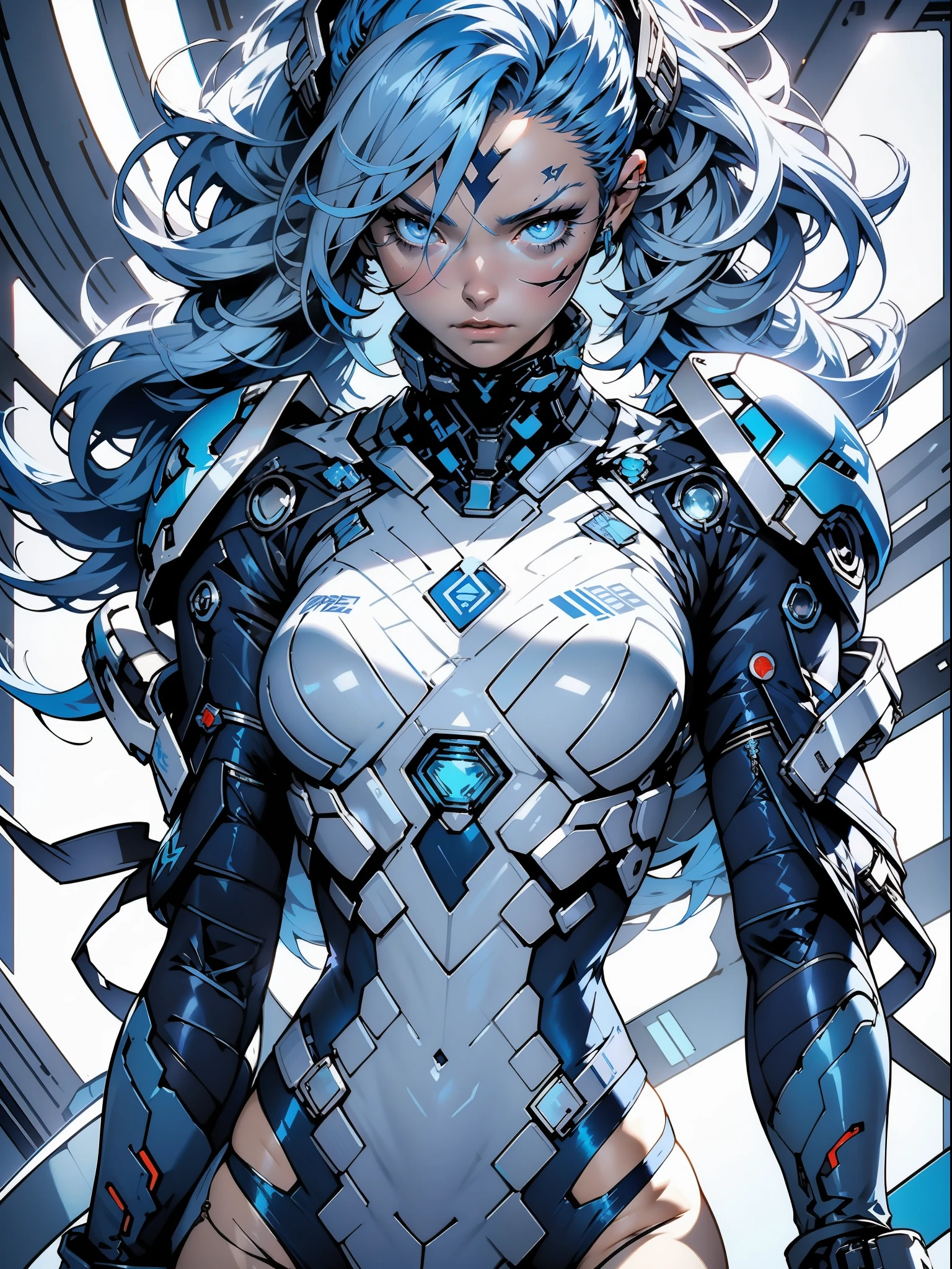 ((Best quality)), ((masterpiece)), (detailed: 1.4), (((light blue and white stripes)))), A cyberpunk warrior 35-year-old woman with nearly naked Simon Bisley style for the cover of Heavy Metal magazine, bare thighs, tiny thong, garter belt, (((blue hair with white locks))), clean face, Minimum clothing, light blue carbon fiber cyberpunk clothing with small details in dark blue and white, (((blue clothing))), (((mature woman))), (((full body)), (((white tiny thong ))), mechasuit