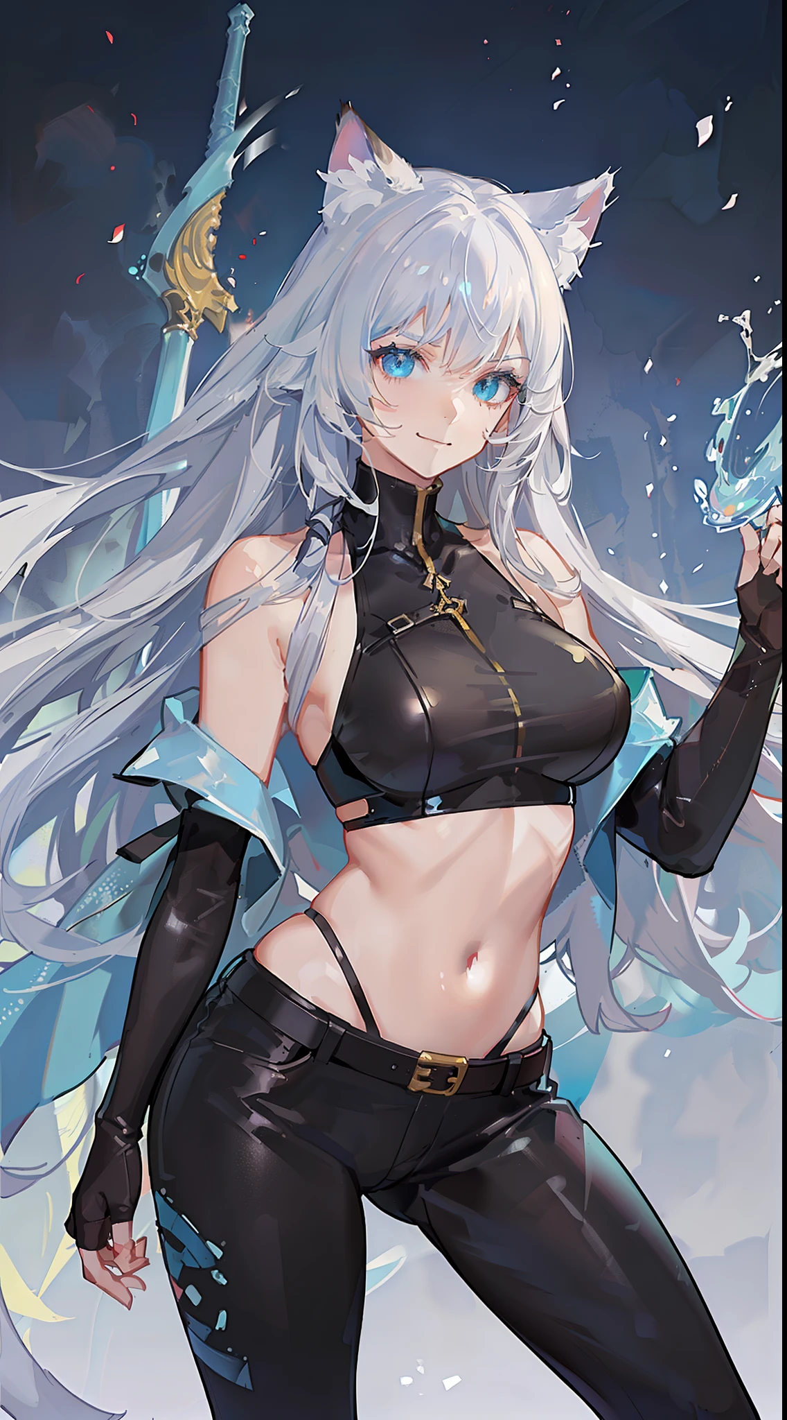 Adult woman, long white hair, cat ears, blue eyes, muscles, turquoise top, leather pants, leather armor, open belly, smirk, sword, masterpiece, high quality