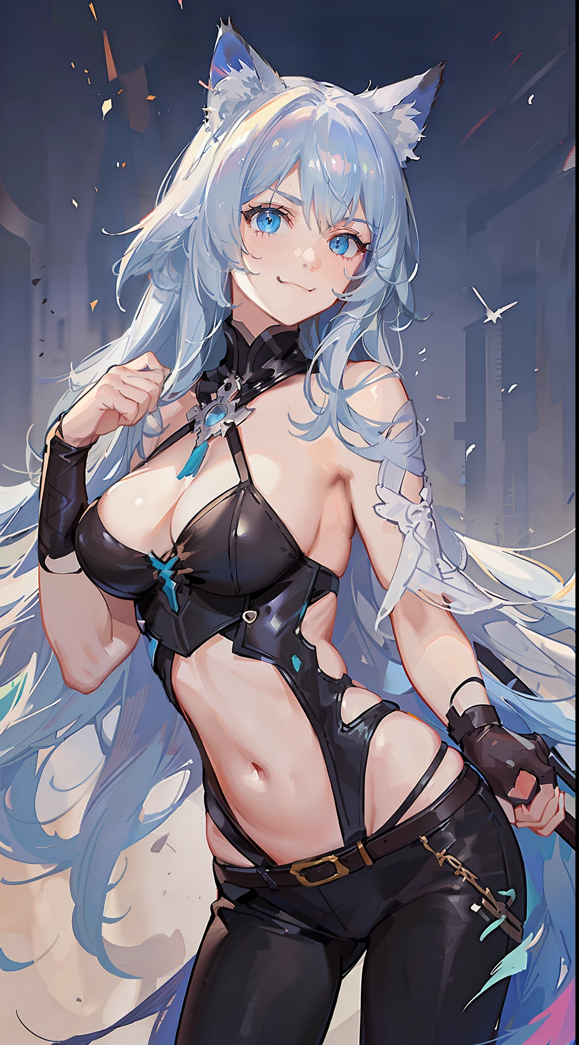 Adult woman, long white hair, cat ears, blue eyes, muscles, turquoise top, leather pants, leather armor, open belly, smirk, sword, masterpiece, high quality