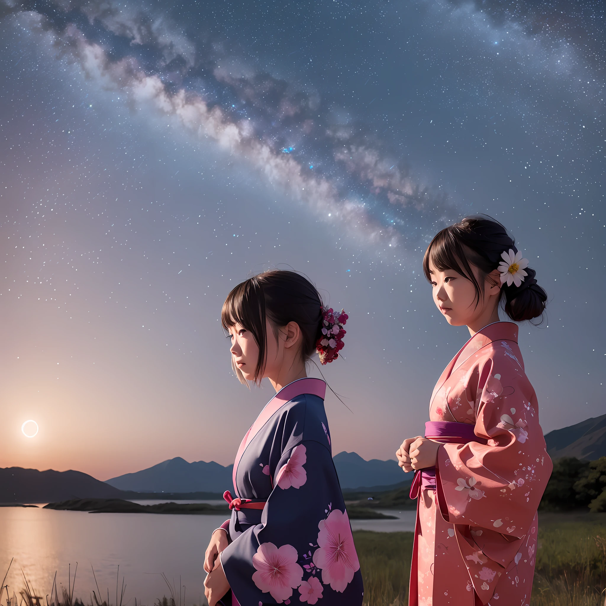 1girl, distant girl wearing a kimono looking at the stars, (enlarged: 1.1), (meteor shower: 1.2), (comet: 1.1), her name, low angle, behind, aroura borealis, shooting star, yukata, red kimono, cherry blossoms, standing in a field, best quality, masterpiece, cloud, colorful, starry, stars,