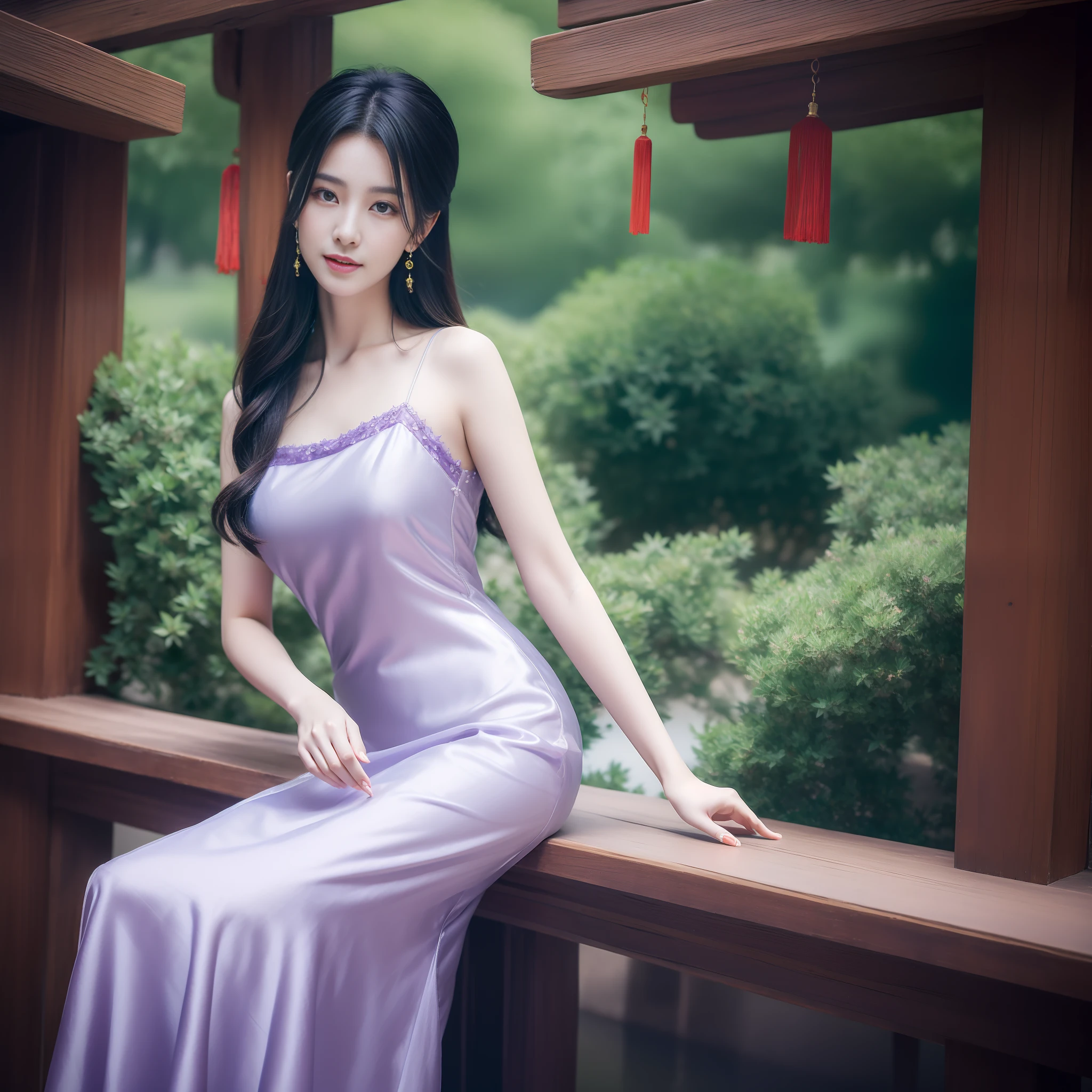 (1 cute Chinese star) realistic photo, medium breast size, purple slip dress, wide lake background, clear facial features, 8K high resolution, clear and realistic details, sexy long dress, gorgeous young Chinese woman, light features, Chinese red long dress, shawl long hair, simple and delicate headdress