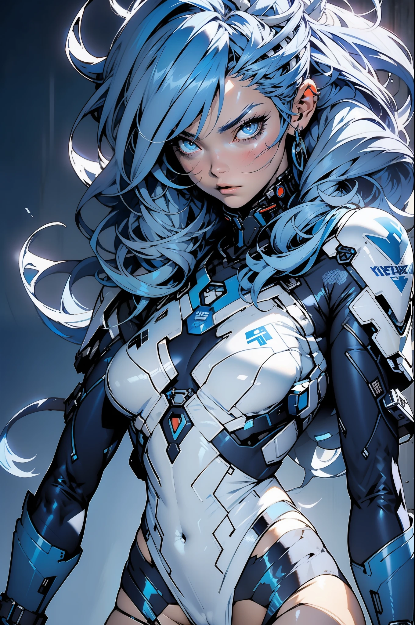 ((Best quality)), ((masterpiece)), (detailed: 1.4), (((light blue and white stripes)))), A cyberpunk warrior 35-year-old woman with nearly naked Simon Bisley style for the cover of Heavy Metal magazine, bare thighs, tiny thong, garter belt, (((blue hair with white locks))), clean face, Minimum clothing, light blue carbon fiber cyberpunk clothing with small details in dark blue and white, (((blue clothing))), (((mature woman))), (((full body)), (((white tiny thong ))), mechasuit