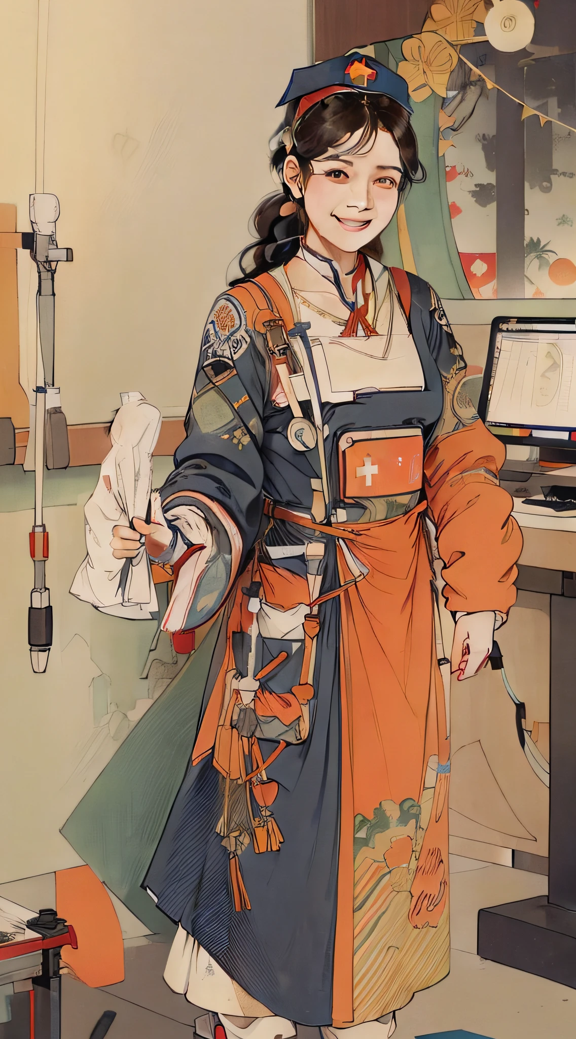 (nurse:1.3),solo,Holding tools in hand,1girl, hospital ward, In hospital,operating room,quiet,Cheerfulness,(in surgery), realistic color palette,flat color,light smile, shotadom, orange,