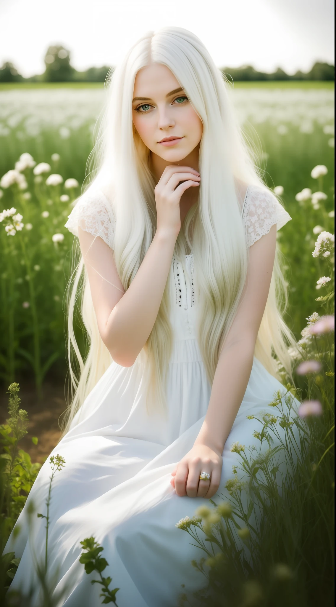 (masterpiece, best quality),1girl with long white hair sitting in a field of green plants and flowers, her hand under her chin, warm lighting, white dress, blurry foreground