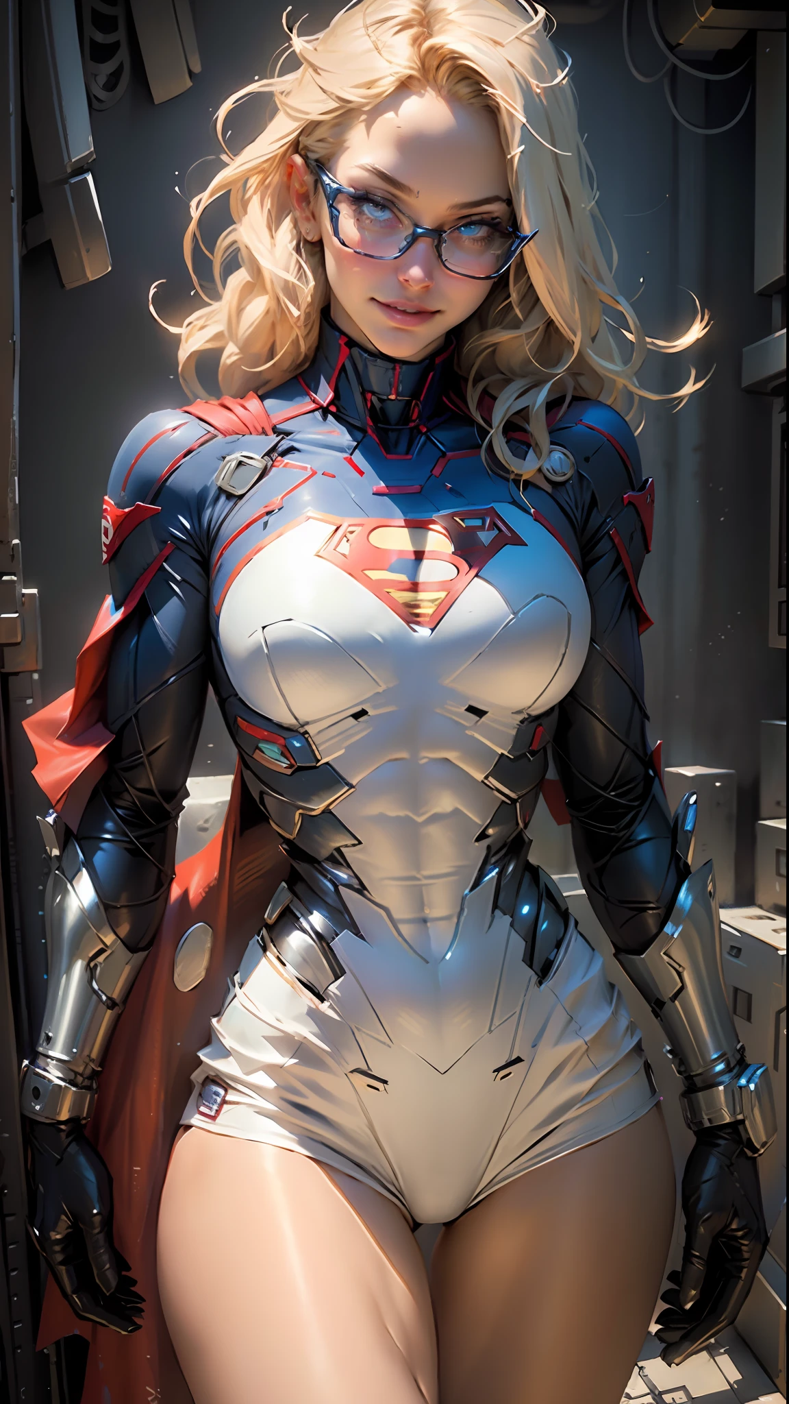 Supergirl body set thick thighs cybernetic body parts, short underwear, blonde with blue eyes, superman S symbol on chest, detailed face, beautiful, gorgeous and sexy smile, glasses, holding a cat