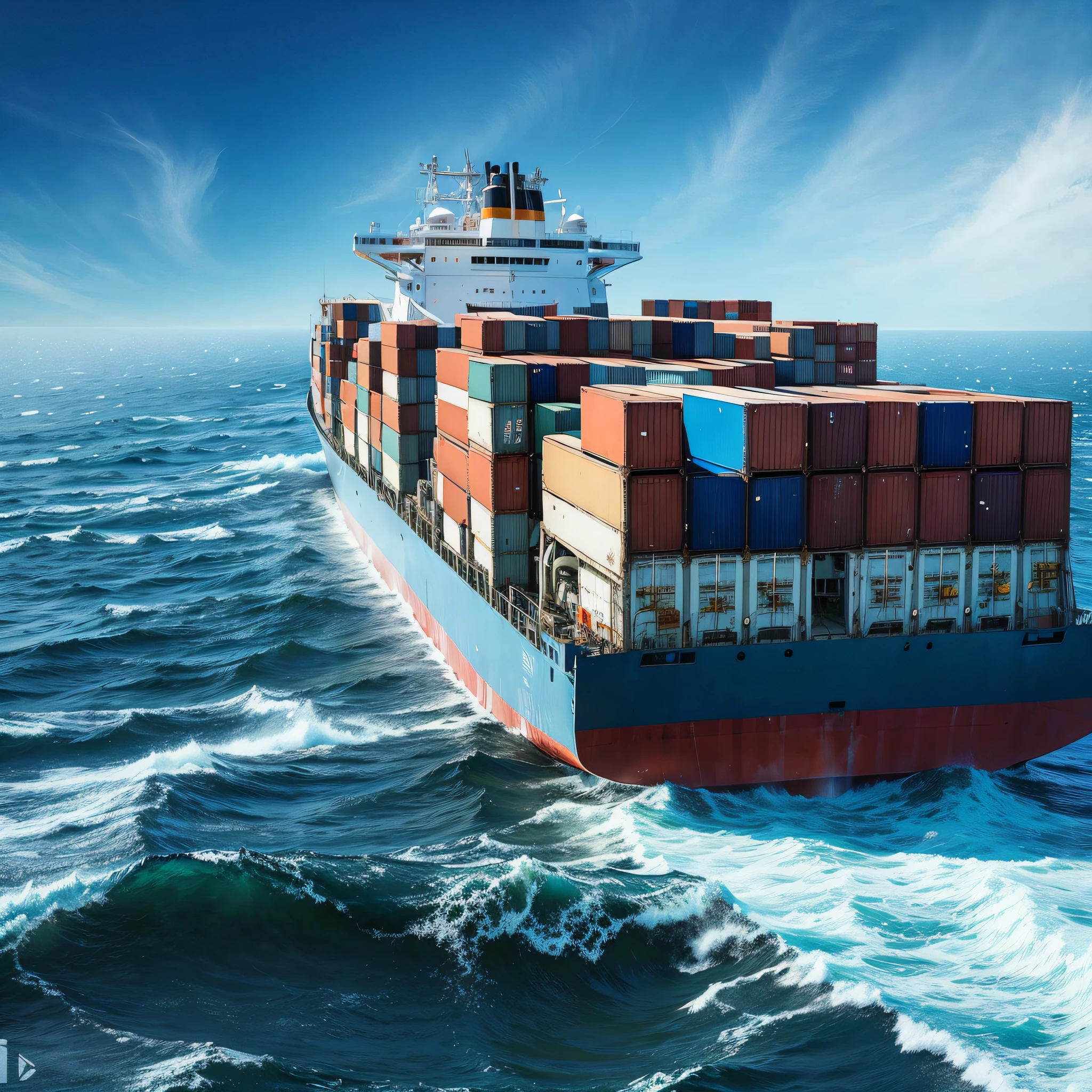 Container ship cruising the Aceano on a blue sky day