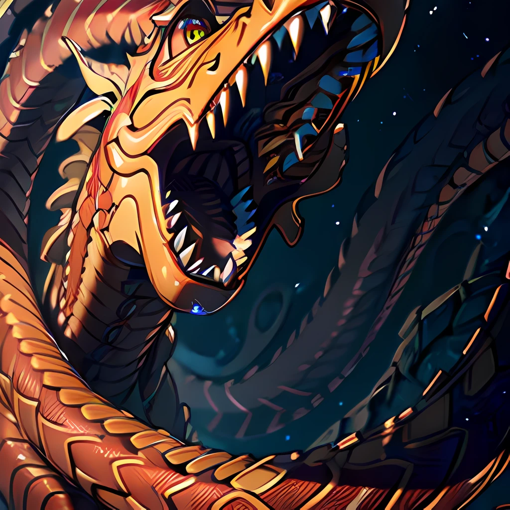 (extremely detailed CG unity 8k wallpaper,masterpiece, best quality, ultra-detailed), dramatic illumination, giant serpent coiled up in a stunning and exquisite pose, eyes shining in red, twisted with complex and intricate patterns, vivid and intricate texture, teeth sharp like blades,unfolding a fierce power and vitality.