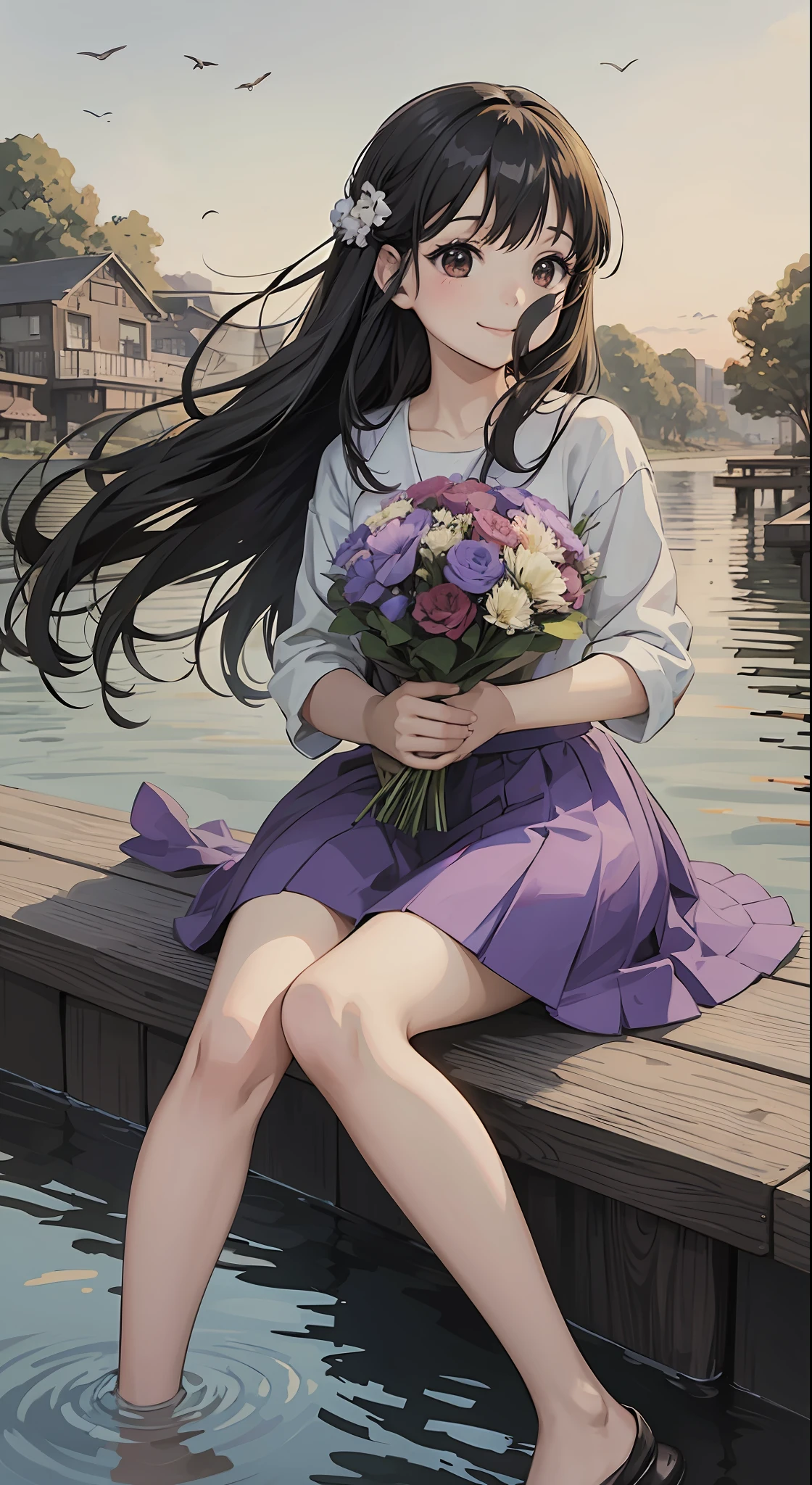 16 years old, anime girl sitting on the dock with a large bouquet of flowers in her hand, birds flying in the distance, anime visuals of cute girls, digital anime illustrations, beautiful anime art style, anime style illustrations, anime style. 8k, soft anime illustration, official art, anime illustration, art style in bovot, Ghibli anime style, anime art style, black hair, smile, Ghibli-like color, UHD