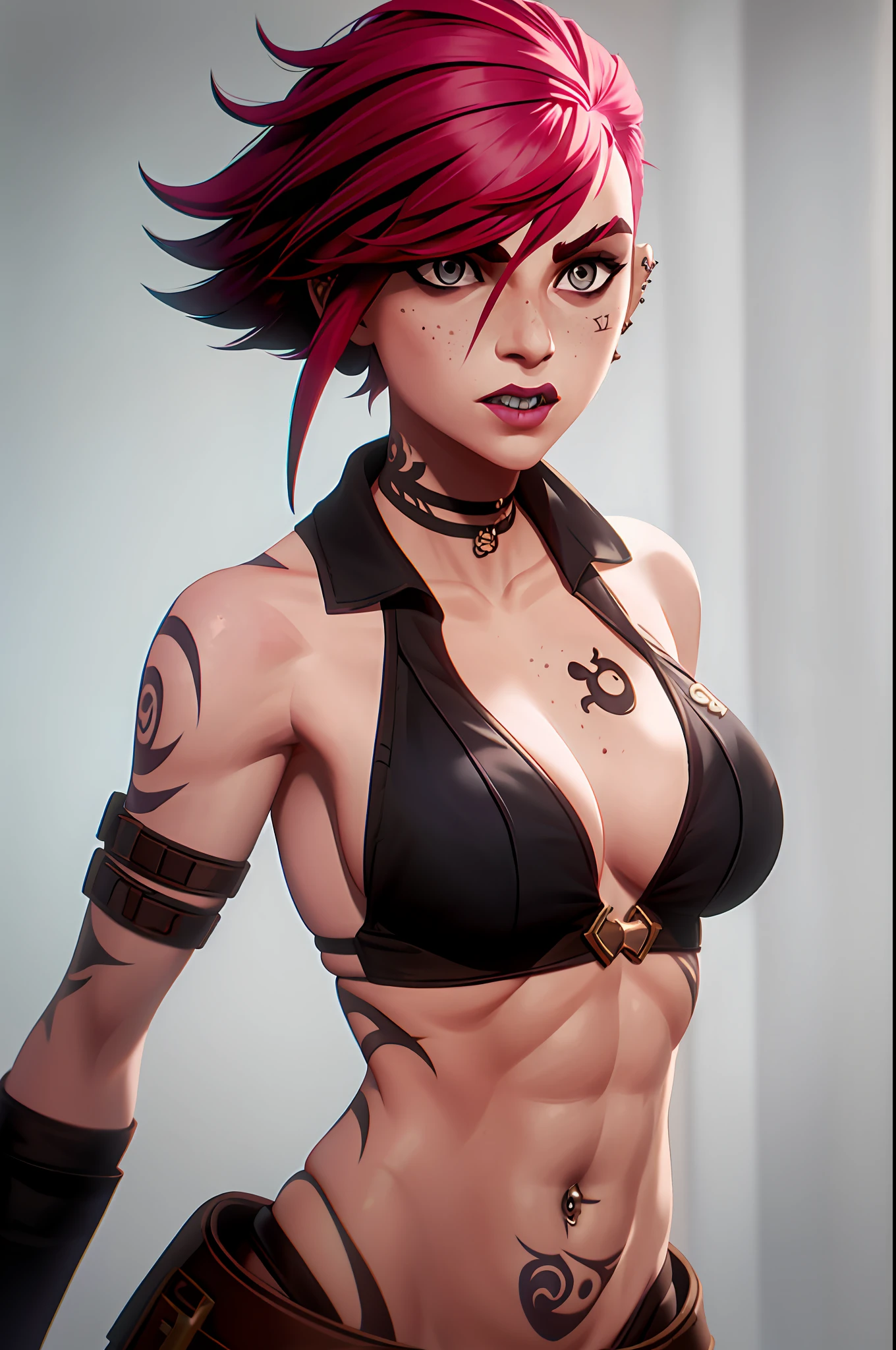 arcane style, 1girl, abs, alternative costume, arm tattoo, portrait, asymmetrical bangs, bandaid, short hair, bangs, breasts, freckles, gray eyes, large breasts, looking at the viewer, neck tattoo, nose piercing, piercing, pink hair, scar, scar on the face, scar on the mouth, soil, stomach, tattoo on the face, teeth, upper body, white background, Neeko \(league of legends\) ,  ((masterpiece))