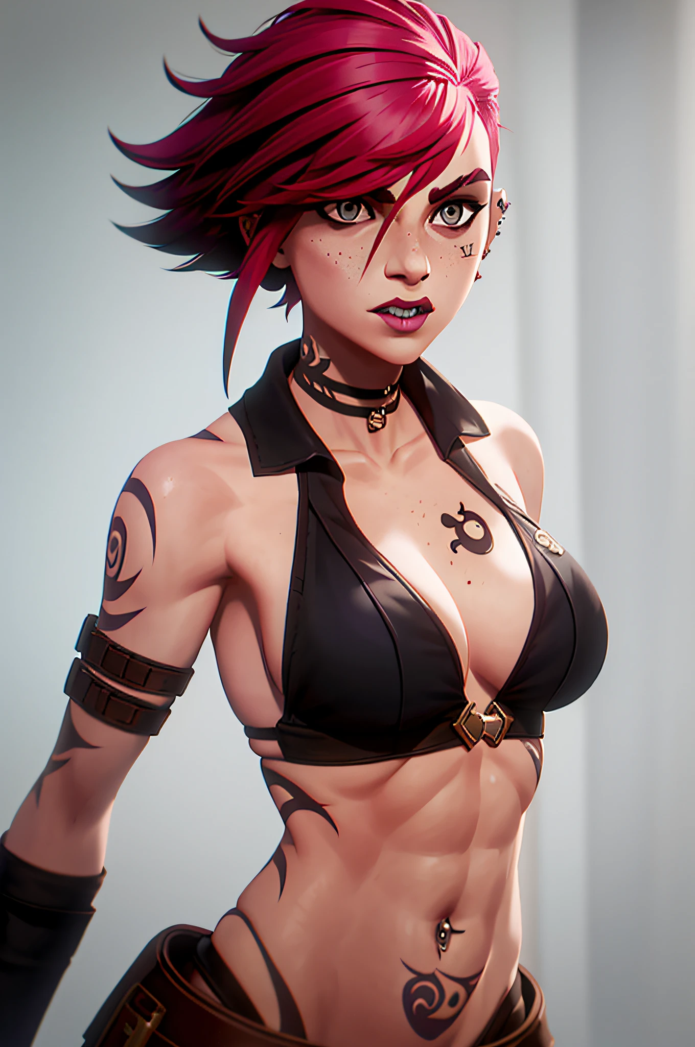 arcane style, 1girl, abs, alternative costume, arm tattoo, portrait, asymmetrical bangs, bandaid, short hair, bangs, breasts, freckles, gray eyes, large breasts, looking at the viewer, neck tattoo, nose piercing, piercing, pink hair, scar, scar on the face, scar on the mouth, soil, stomach, tattoo on the face, teeth, upper body, white background, Neeko \(league of legends\) , ((masterpiece))