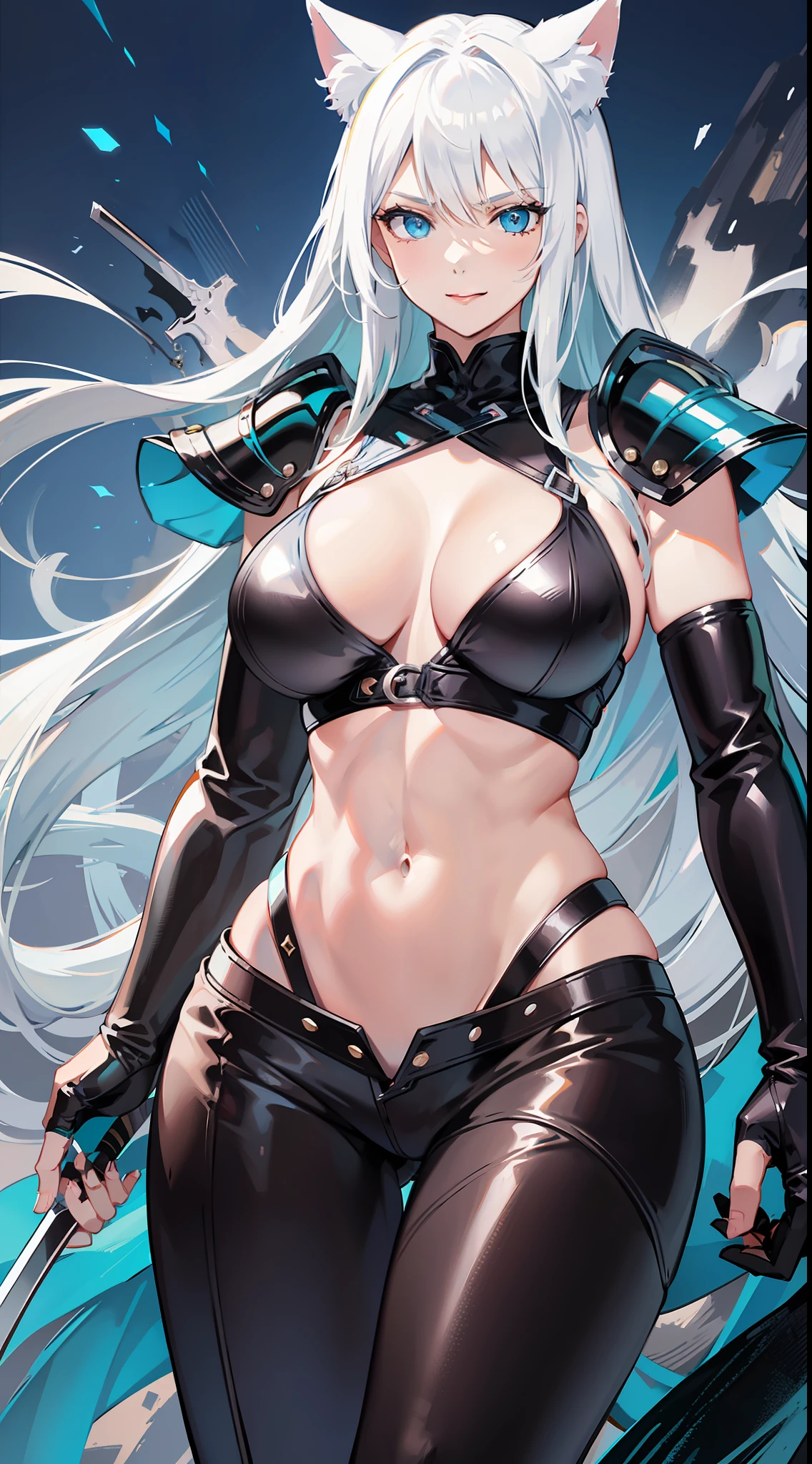 Adult woman, long white hair, cat ears, blue eyes, muscles, turquoise top, leather pants, leather armor, open belly, smirk, sword, masterpiece, high quality