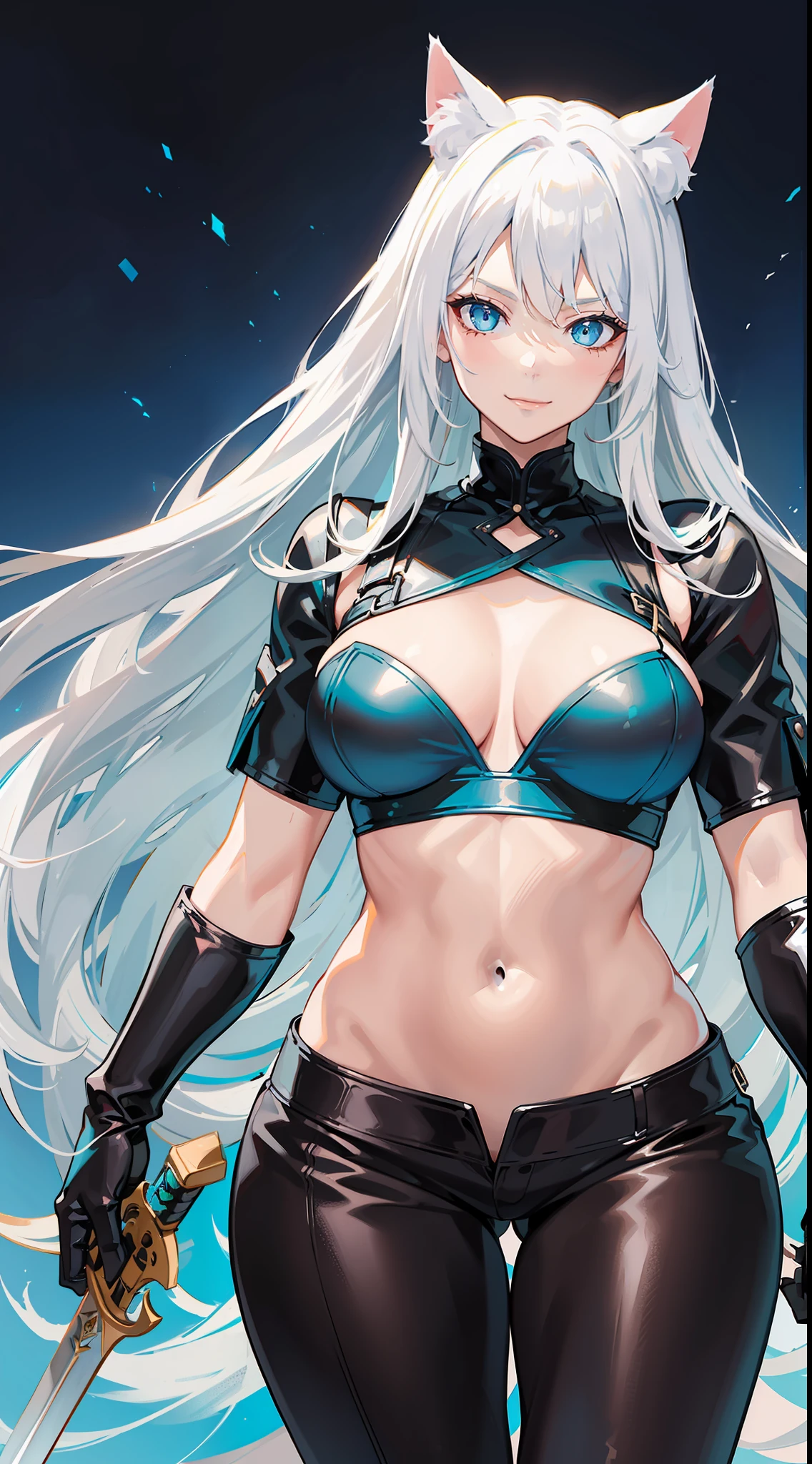 Adult woman, long white hair, cat ears, blue eyes, muscles, turquoise top, leather pants, leather armor, open belly, smirk, sword, masterpiece, high quality
