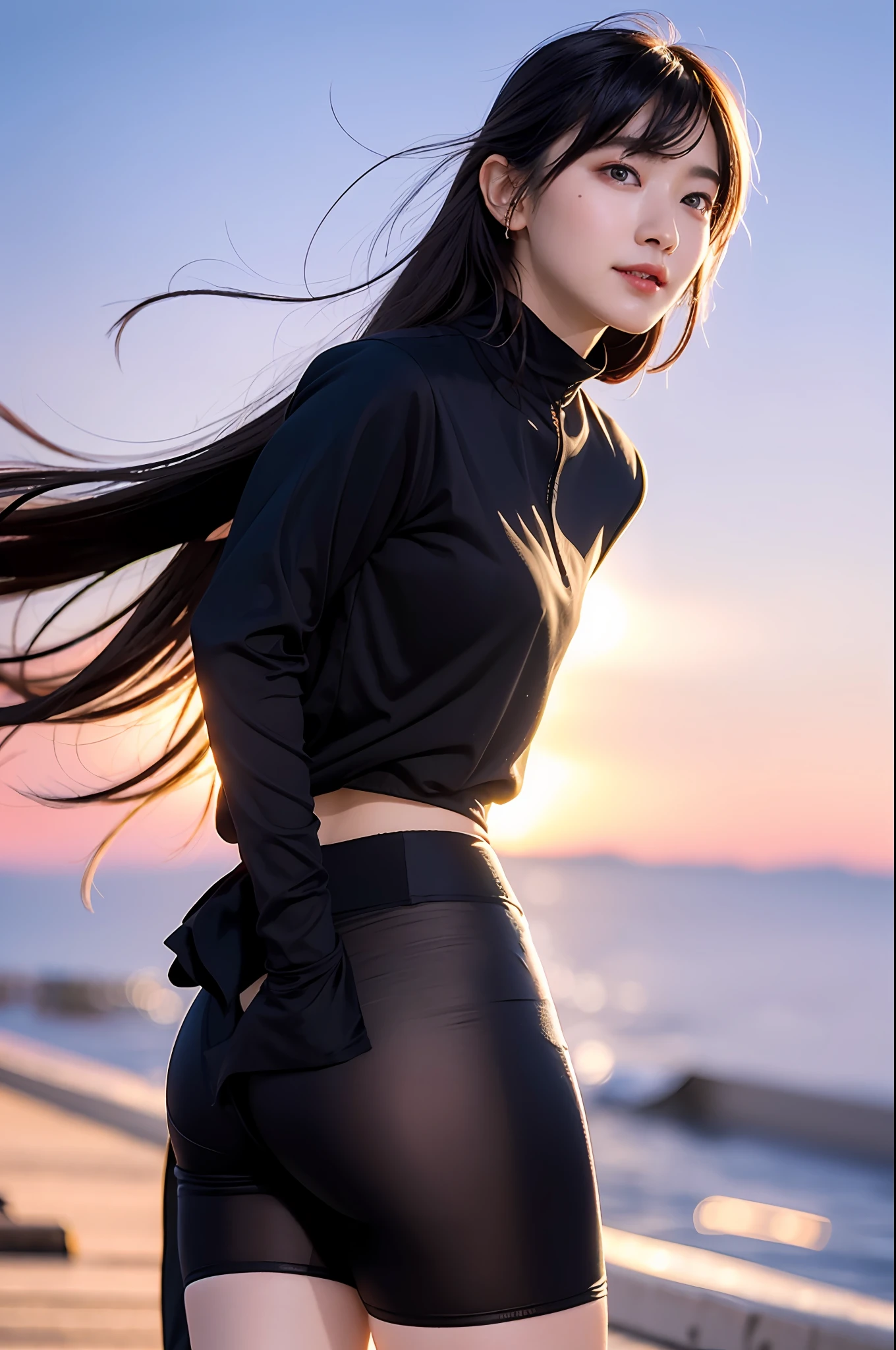 masterpiece, masterpiece, best quality, best quality, real, unity, 8k wallpaper, official art, highly detailed cg unity 8k wallpaper, ulzzang-6500, one girl, cute, professional lighting, ((long black spandex shorts: 1.37)), long hair, disheveled hair, (original: 1.2), (real: 1.4), ultra detailed, high resolution, ultra detailed, fantastic, Fine details, cinematic lighting, simple costumes, detailed clothing textures, (8k, RAW photos, highest quality, masterpiece: 1.27), (realistic, photorealistic: 1.37), physically based rendering, handsome, masterpiece, highest quality, high resolution,