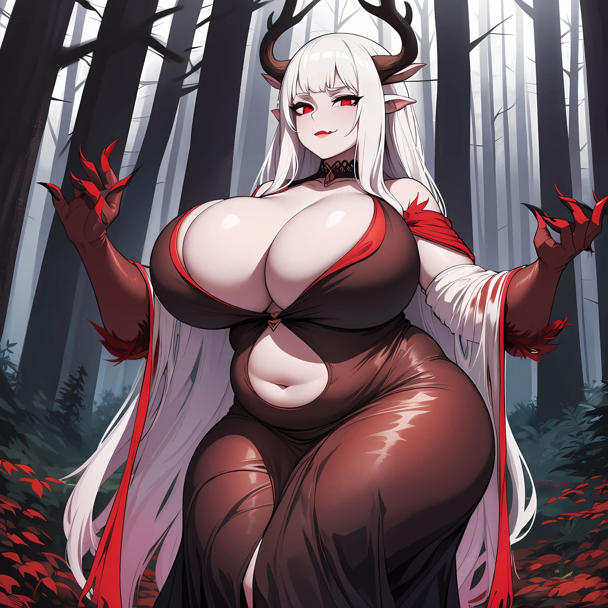 1girl, wendigo, huge breasts, long flowing dress, cleavage, plump, deep cleavage, hair tied up, lipstick, bending over, gigantic breasts, sagging breasts, deer antles, blood, blood covered breasts, blood dripping from mouth, white hair, pale skin, red eyes, in dark forest, smug look, black claws, glowing eyes, milf, big belly, full belly, massive belly, soft belly, gigantic belly, huge antlers, monster hands