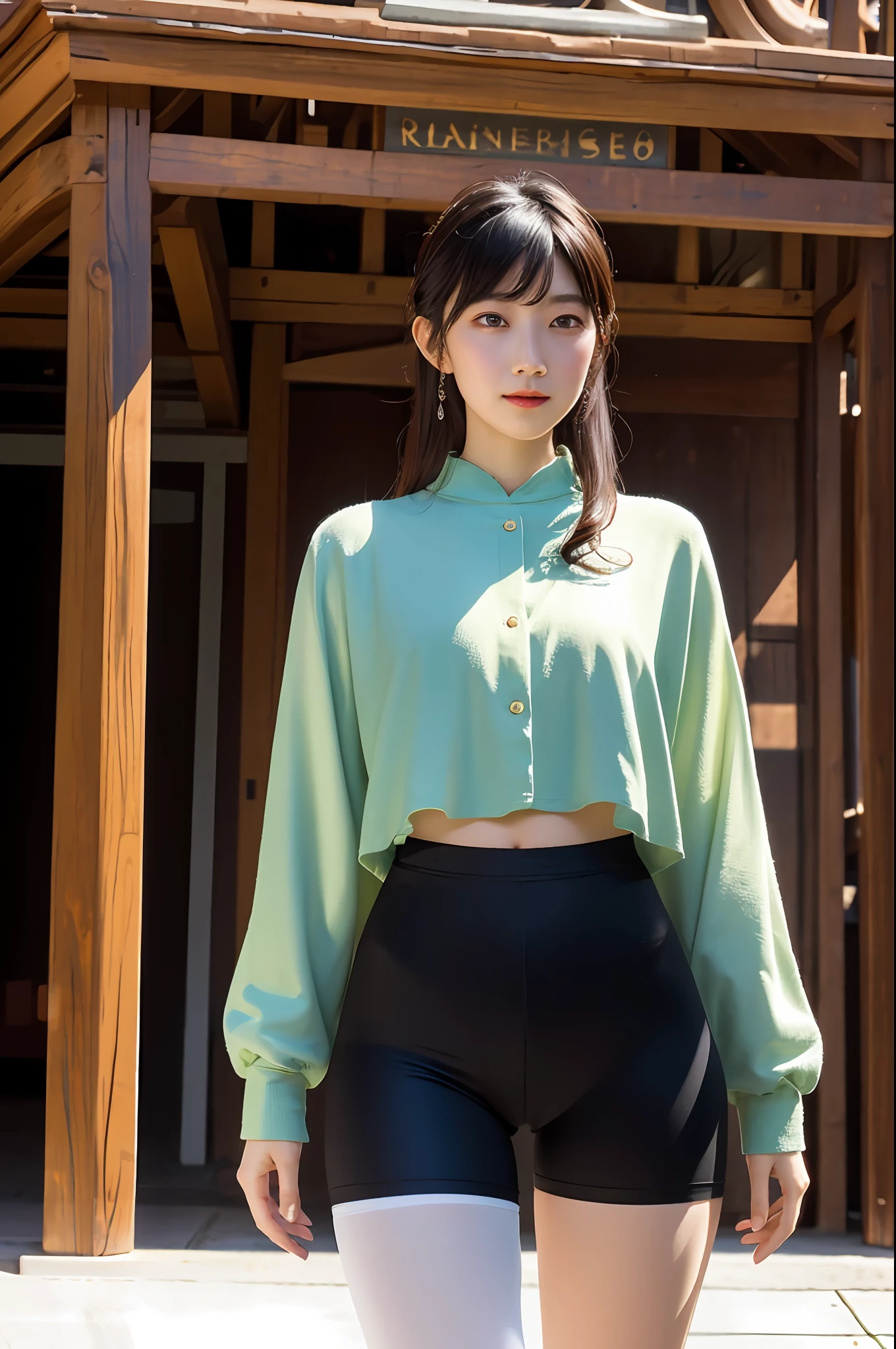 masterpiece, masterpiece, best quality, best quality, real, unity, 8k wallpaper, official art, highly detailed cg unity 8k wallpaper, ulzzang-6500, one girl, cute, professional lighting, ((long black spandex shorts: 1.37)), long hair, disheveled hair, (original: 1.2), (real: 1.4), ultra detailed, high resolution, ultra detailed, fantastic, Fine details, cinematic lighting, simple costumes, detailed clothing textures, (8k, RAW photos, highest quality, masterpiece: 1.27), (realistic, photorealistic: 1.37), physically based rendering, handsome, masterpiece, highest quality, high resolution,