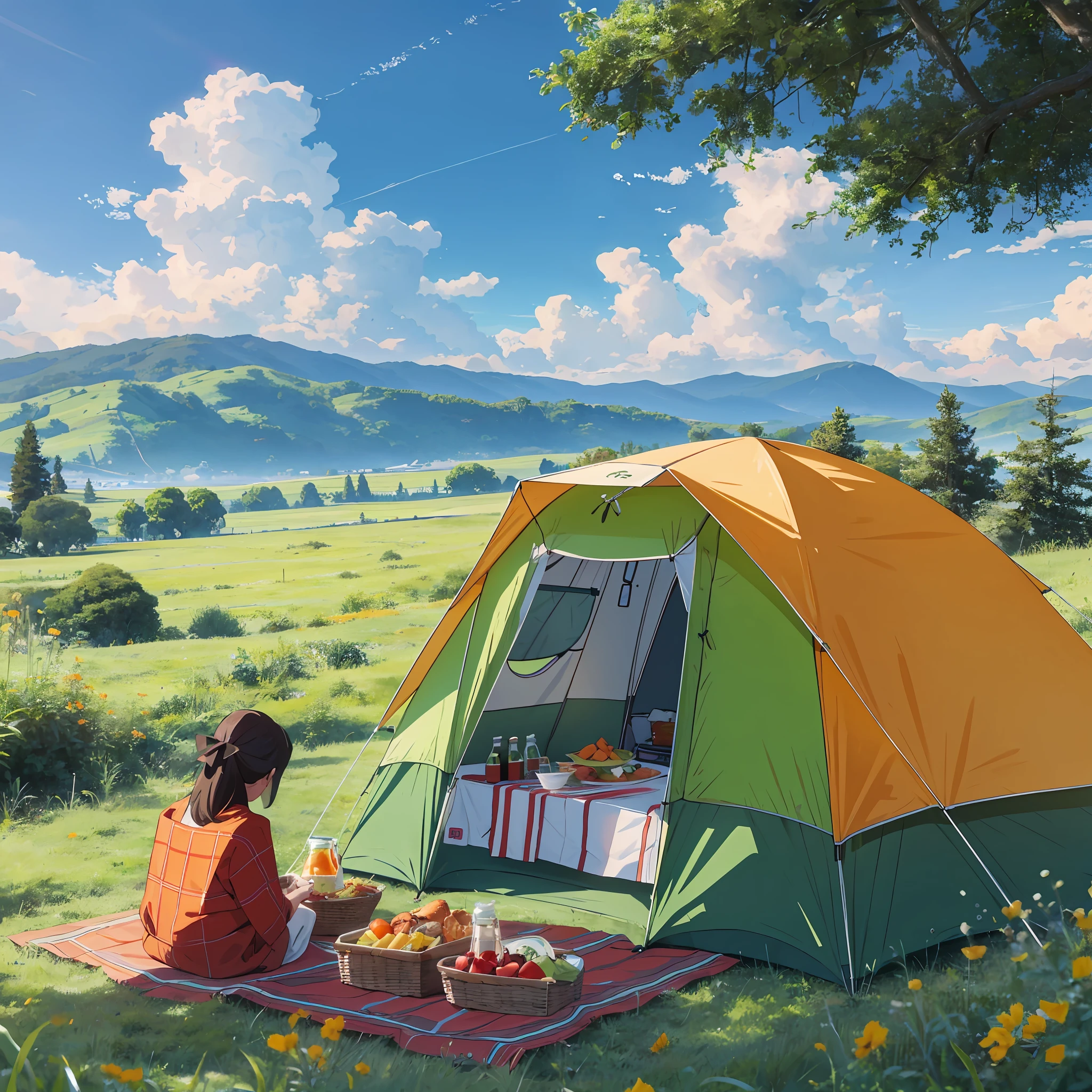 Green meadows, camping, an orange tent, beautiful scenery in the distance, blue sky and white clouds, characters picnic --auto --s2