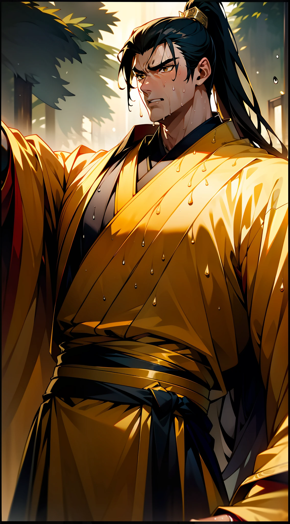 Two-dimensional, anime style, man (male warrior), muscle, correct proportions, face details, martial arts, high ponytail hairstyle, sweating, sweaty face, drooling, neck details, with Adam's apple, wet, wet, Hanfu costume, long robe, embroidered robe, dragon robe, clothing details, collar, long sleeves, game quality, swordsman demeanor, light and shadow tracing, ray tracing, detail glow, CG rendering, hair details, long black hair, golden eyes, sweaty face, handsome, handsome, sweat beads slipping down the neck, (juvenile feeling), complex clothing, wet, wet, perfect composition, refinement, high quality, more details, a lot of details, complex background, atmosphere,