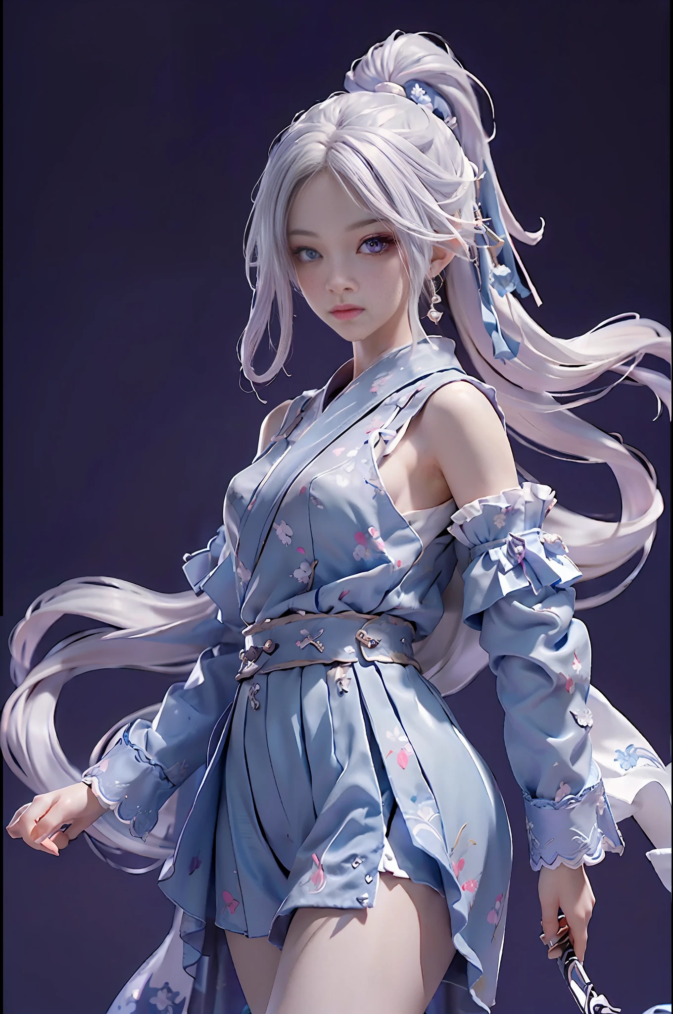(((masterpiece))), (((best quality))), ((ultra-detailed)), (highly detailed CG illustration), cinematic light, intricate detail,
full body, chibi,
1girl, white hair, ponytail, purple eyes, (ninja), short sword, medium breats ,scarf, wallpaper, magic circle background, light particles, blue fire,