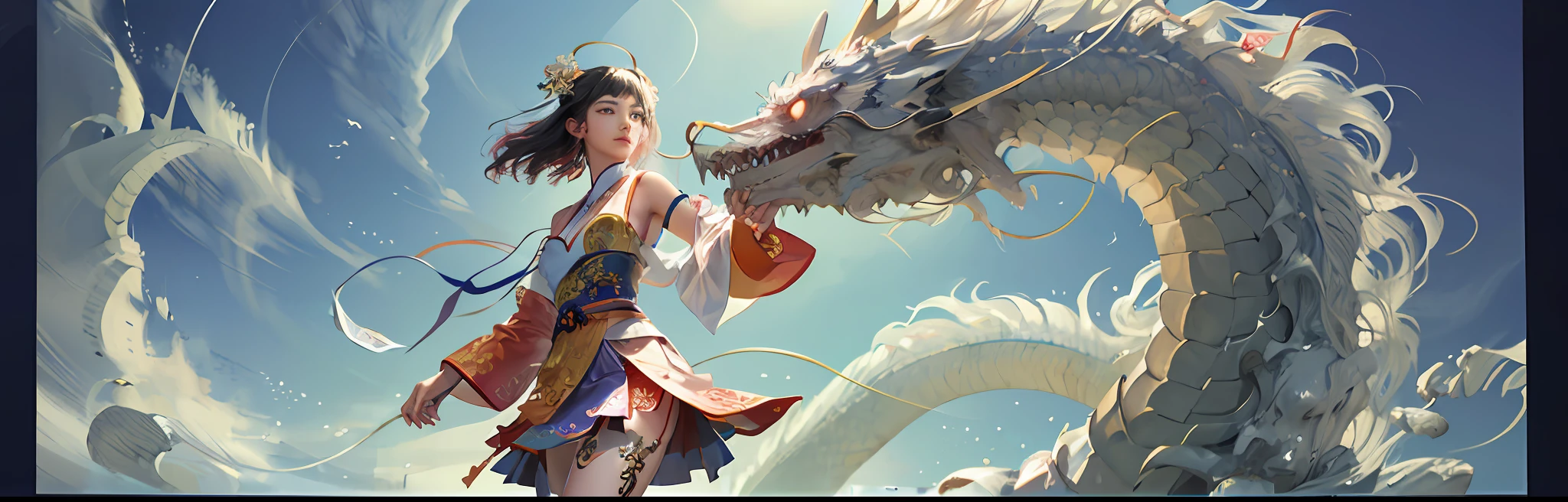 Official Art, Unified 8K Wallpapers, Ultra Detailed, Beautiful and Aesthetic, Masterpiece, Best Quality, (Zentangle, Tangle, Entangle), (fractal art: 1.4), 1girl, black hair, Chinese, bare shoulders, short skirt, calf, navel, very detailed, dynamic angle, cowboyshot, (most beautiful form chaos), flowing, (bright colors), oc, (half: 1.2), china, (thangka flying sky: 1.5), (ribbon: 1.3), (dream: 1.5), (hanfu: 1.5), Chinese dragon, Chinese phoenix, (smile: 0.5), (Chinese deity),
