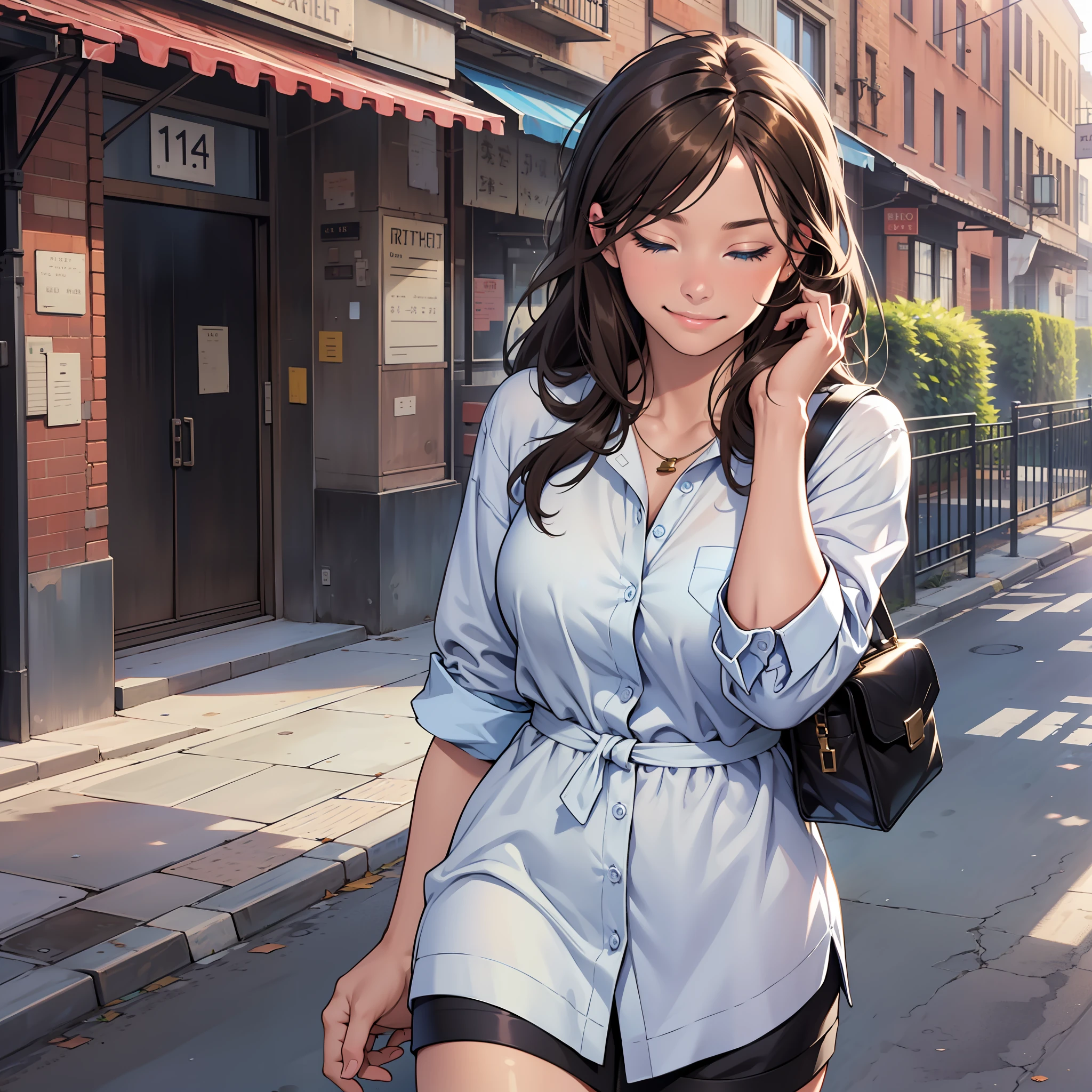 ((realistic: 1.5)),((best quality)), ((masterpiece)),((detailed)), girl, young, brown haired, fringed, blue eyes, flushed, sweet smile, eyes closed, hand on head, walking on the street, dress shirt, black shorts