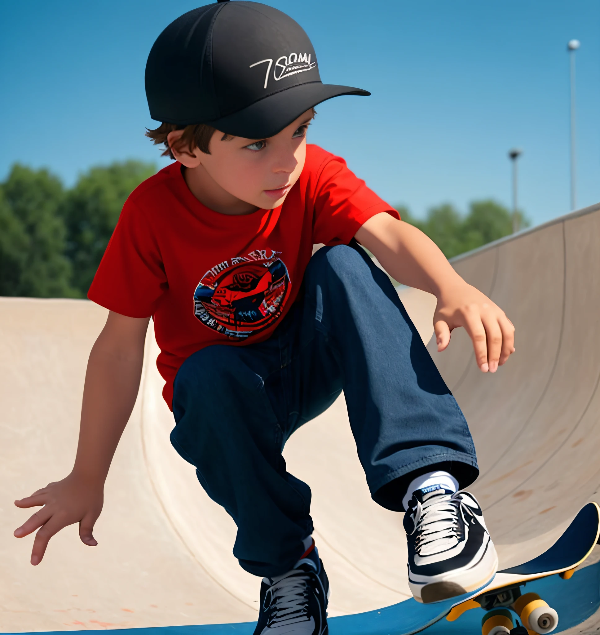 boy in red shirt and blue pants riding a skateboard on a ramp, riding a skateboard, skateboarding, skateboarder style, skatepark, skate park, skateboard, at a skate park, action sports, kickflip, standing on a skateboard, digital art. photo realistic, having a good time, , kid,aring skate helmet, true realistic image, amazing photorealistic graphics