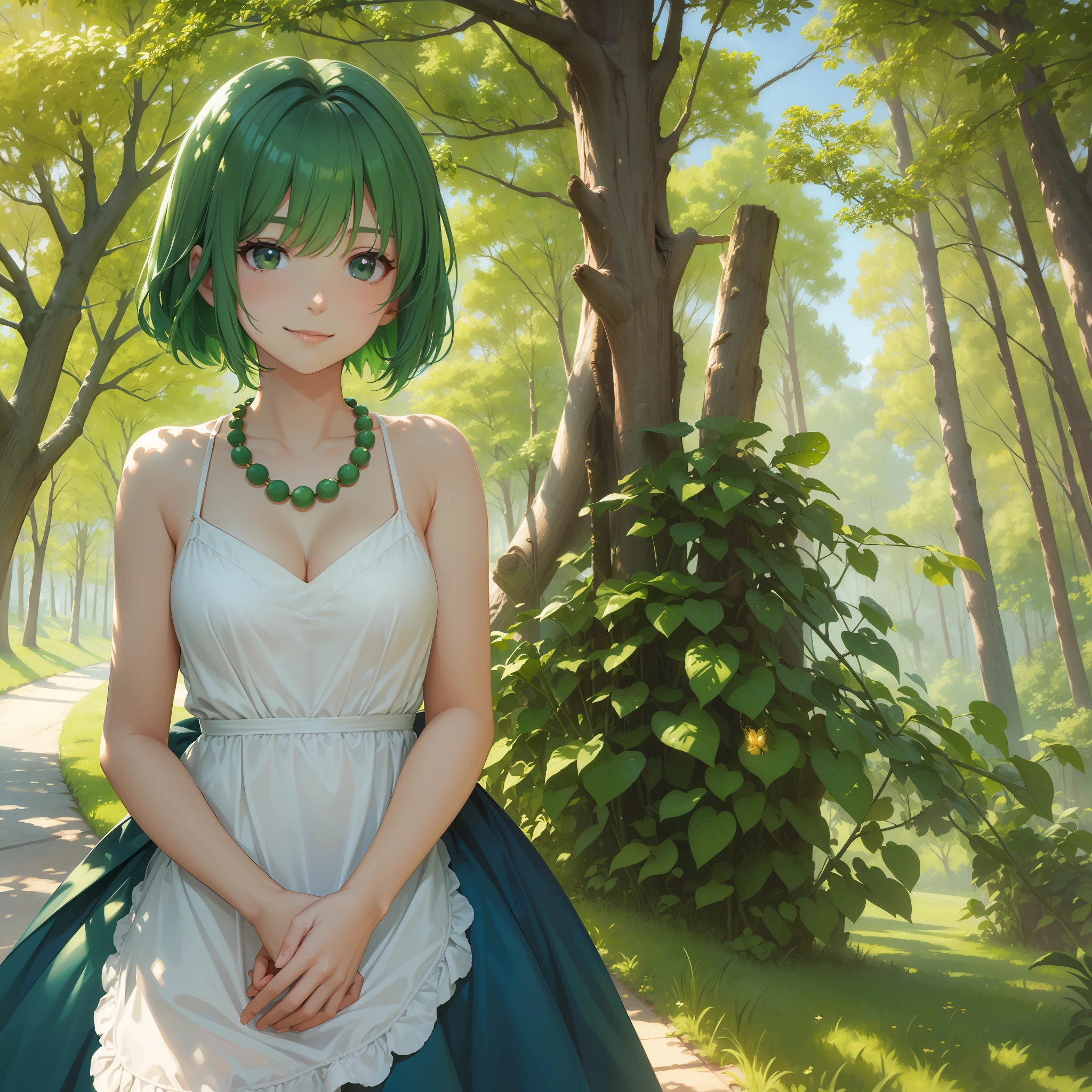 Masterpiece, 1 girl, solo, summer morning, personification of watermelon, sun through trees, light green skin, green hair, dress, smile, ghibli, (cleavage: 1.5), necklace,