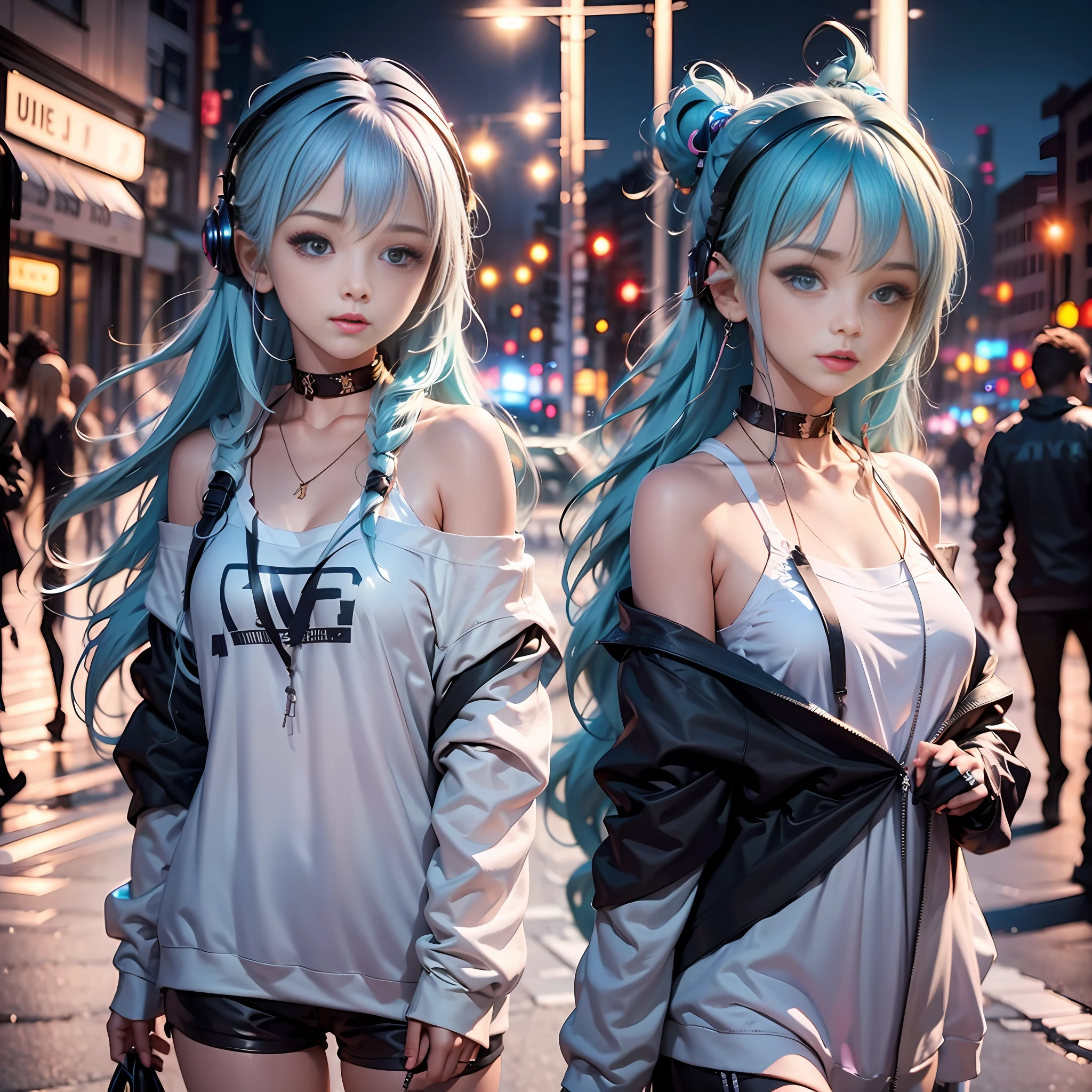 1 girl, hoodie, blue hair, extra long hair, off-the-shoulder, feather hair ornament, headphones around the neck, city, night, outdoors