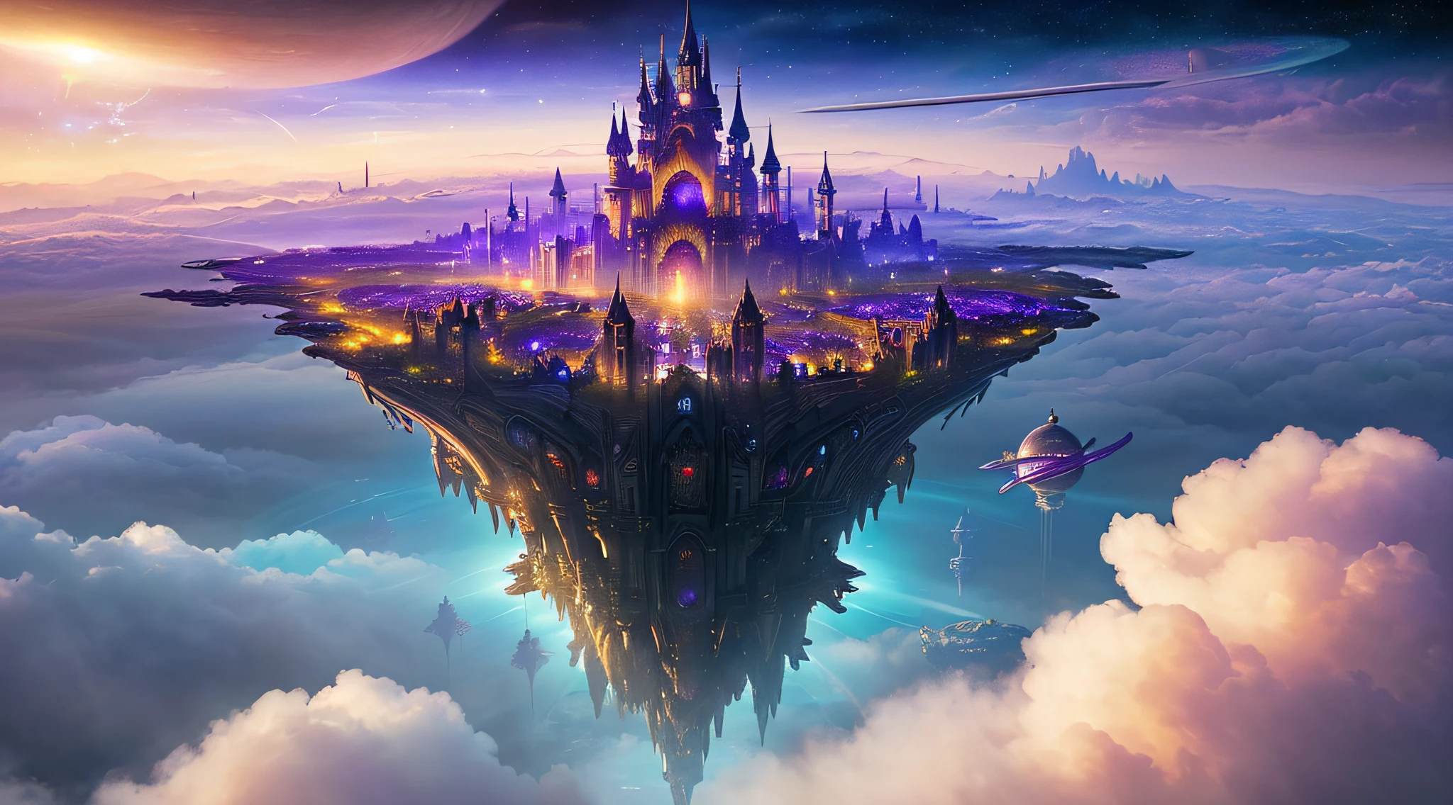 ((master piece)), best quality, (8k, best quality, masterpiece:1.2), ultra-detailed, illustration, big fantasy city, Science fiction, ethereal city, Floating city, many planets in the skies, clouds around, celestial architecture, purple energy scarring around, Giant castle in the center, astral skies